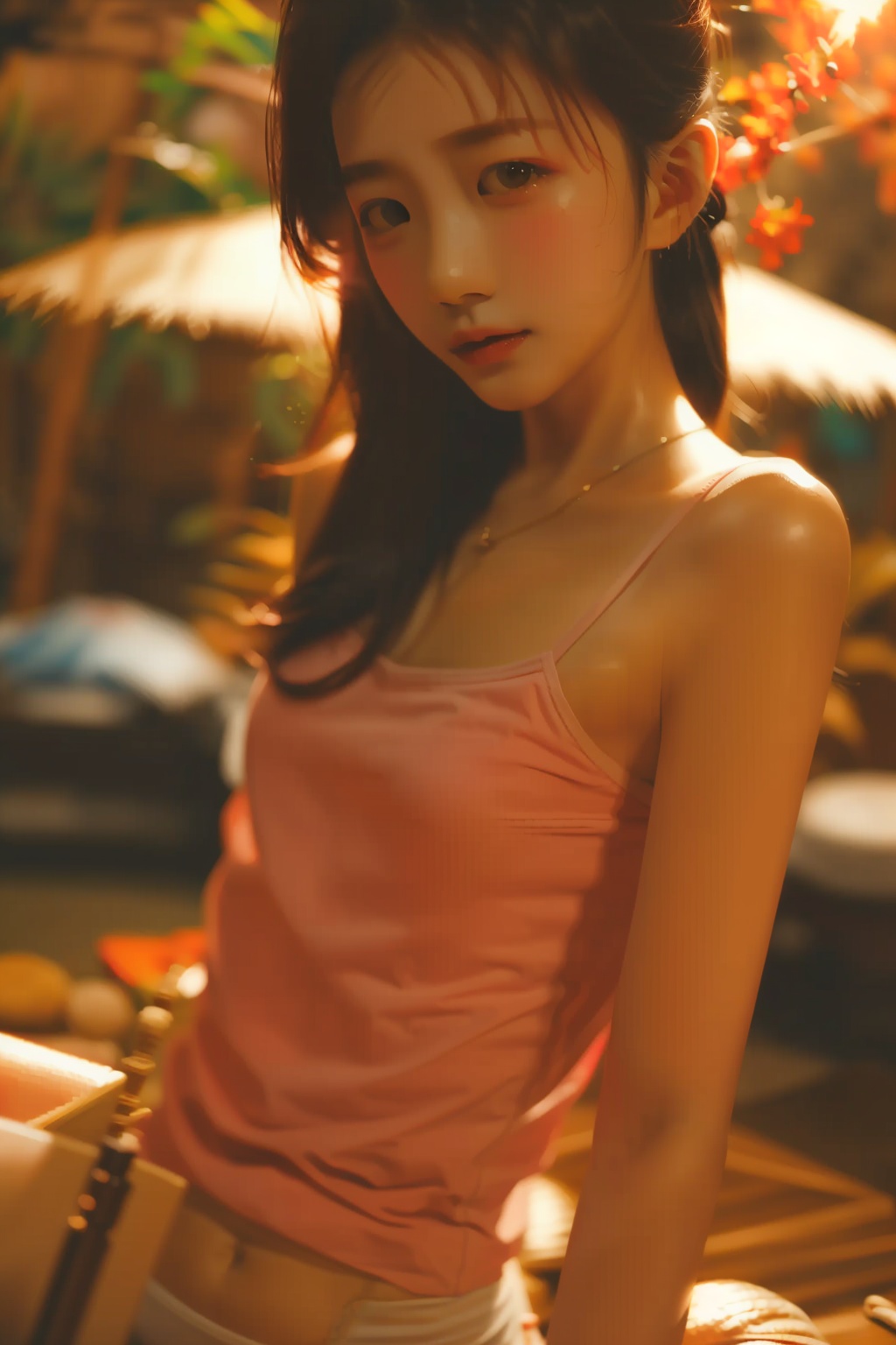 1girl,cc-color-calibration,ff-film-filter,fs-film-style,xiayenanmian,ssn-sleepless-summer-nights,pink camisole,essential oils,sweat,blurry background,depth of field,<lora:sleepless-summer-nights_v1_5:0.8>,