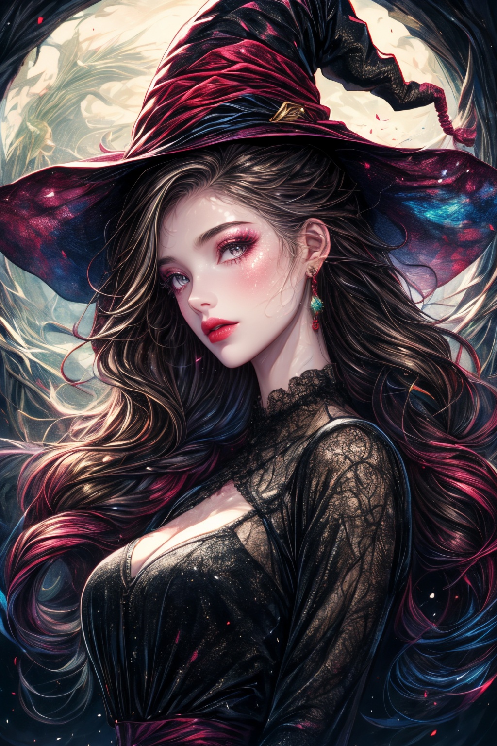 xuncai,1girl,hat,witch hat,earrings,witch,hair over one eye,upper body,long hair,wand,<lora:1098_2219_2629@47aaaf0d29:1>,<lora:6060_8186_9491@fbed0f4800:0.9>,