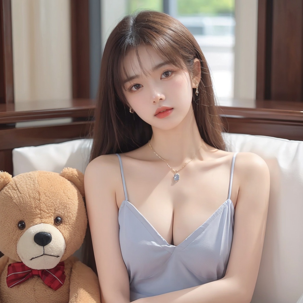 1girl,blurry,breasts,brown_eyes,brown_hair,cleavage,collarbone,dress,jewelry,lips,long_hair,looking_at_viewer,medium_breasts,necklace,realistic,solo,stuffed_animal,stuffed_toy,teddy_bear,upper_body, <lora:meinv76:0.6>
