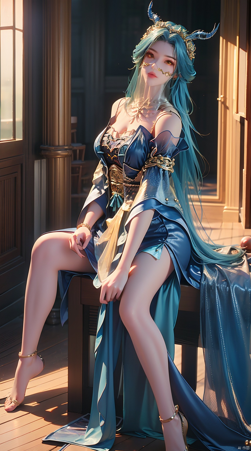 1girl, solo, long hair, looking at viewer, bare shoulders, closed mouth, blue hair, yellow eyes, upper body, horns, blurry, lips, blurry background, veil,mouth veil, ((poakl)),full-body,Perfectly proportioned,ray tracing,Bare Feet,shiny_skin,oil,Show your long legs,Red high heels,(Sitting:1.5),Beautiful thighs, show the thighs,LiMuWan<lora:EMS-410555-EMS:0.800000>, <lora:EMS-346315-EMS:0.700000>