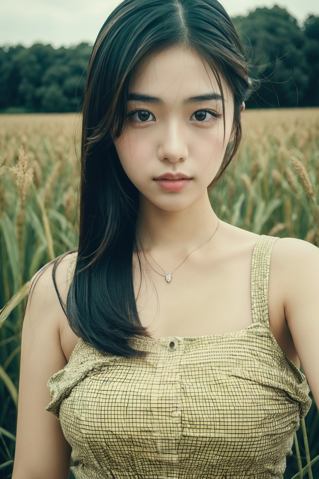 Lo-fi filter Instagram selfie of a asian girl in a grain field, masterpiece,best quality,
