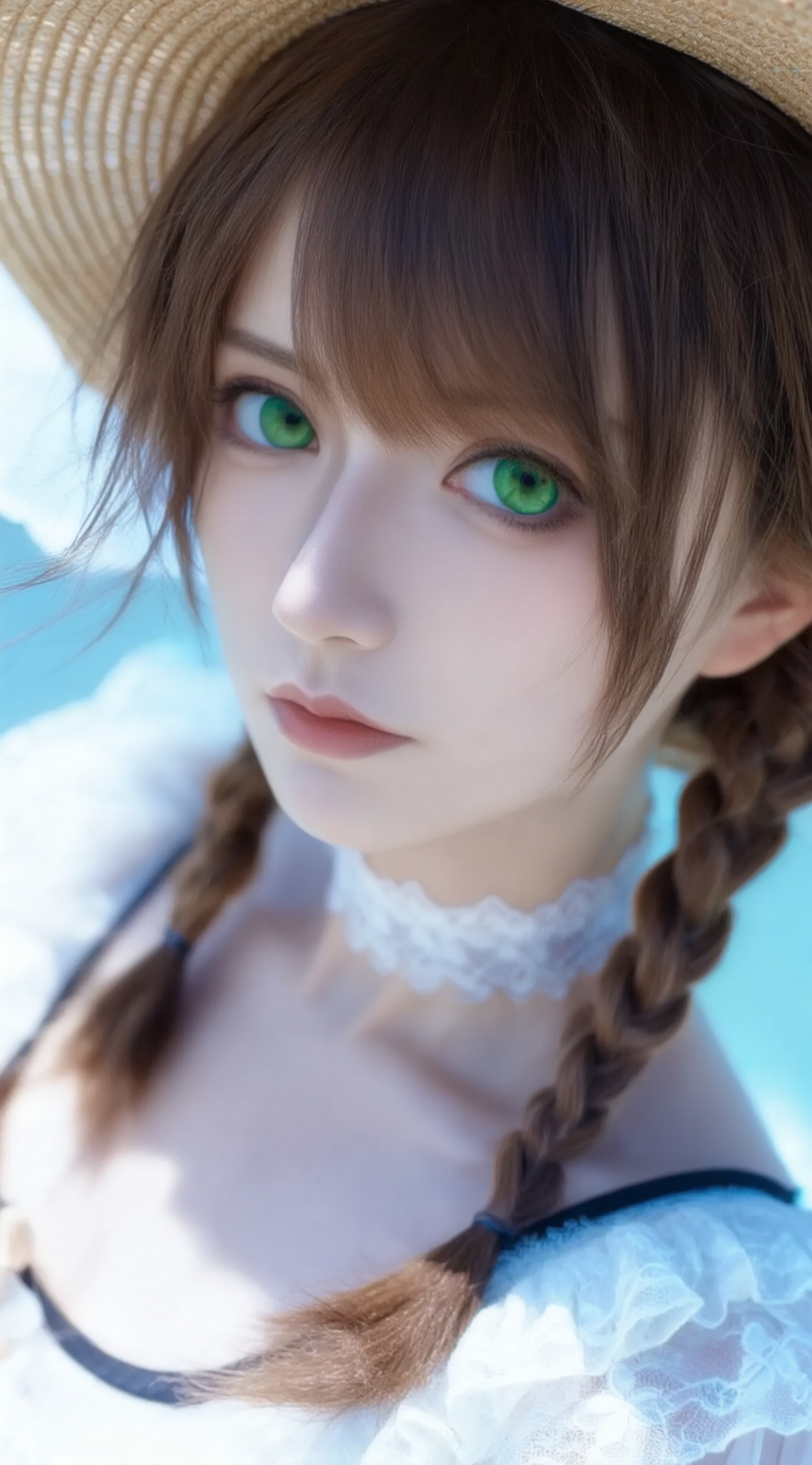 a photo-realistic shoot from a close-up camera angle about a young woman with striking green eyes and brown hair styled in two braids,wearing a straw hat and a white dress with lace details,the image also shows a soft,blurred background with light blue tones,on the middle of the image,a 1woman appears to be looking directly at the viewer with a serious expression,she has a slender physique,fair skin,and green eyes,her hair is styled in a braid that falls over her shoulder,she is wearing a white lace choker around her neck,the background is out of focus,focusing attention on the subject,, Negative prompt: ng_deepnegative_v1_75t,(badhandv4:1.2),EasyNegative,(worst quality:2),,nsfw, Steps: 30, Sampler: Euler, CFG scale: 6.0, Seed: 3547429442, Size: 1142x2048, Model hash: 98763a1277, Model: Qwen-Image_1.0.safetensors, Denoising strength: 0, RNG: CPU, Lora 1: ZOZ_湿润特效, Lora Hash 1: 36836624eb, Lora Weight 1: 0.8, vae_name: automatic