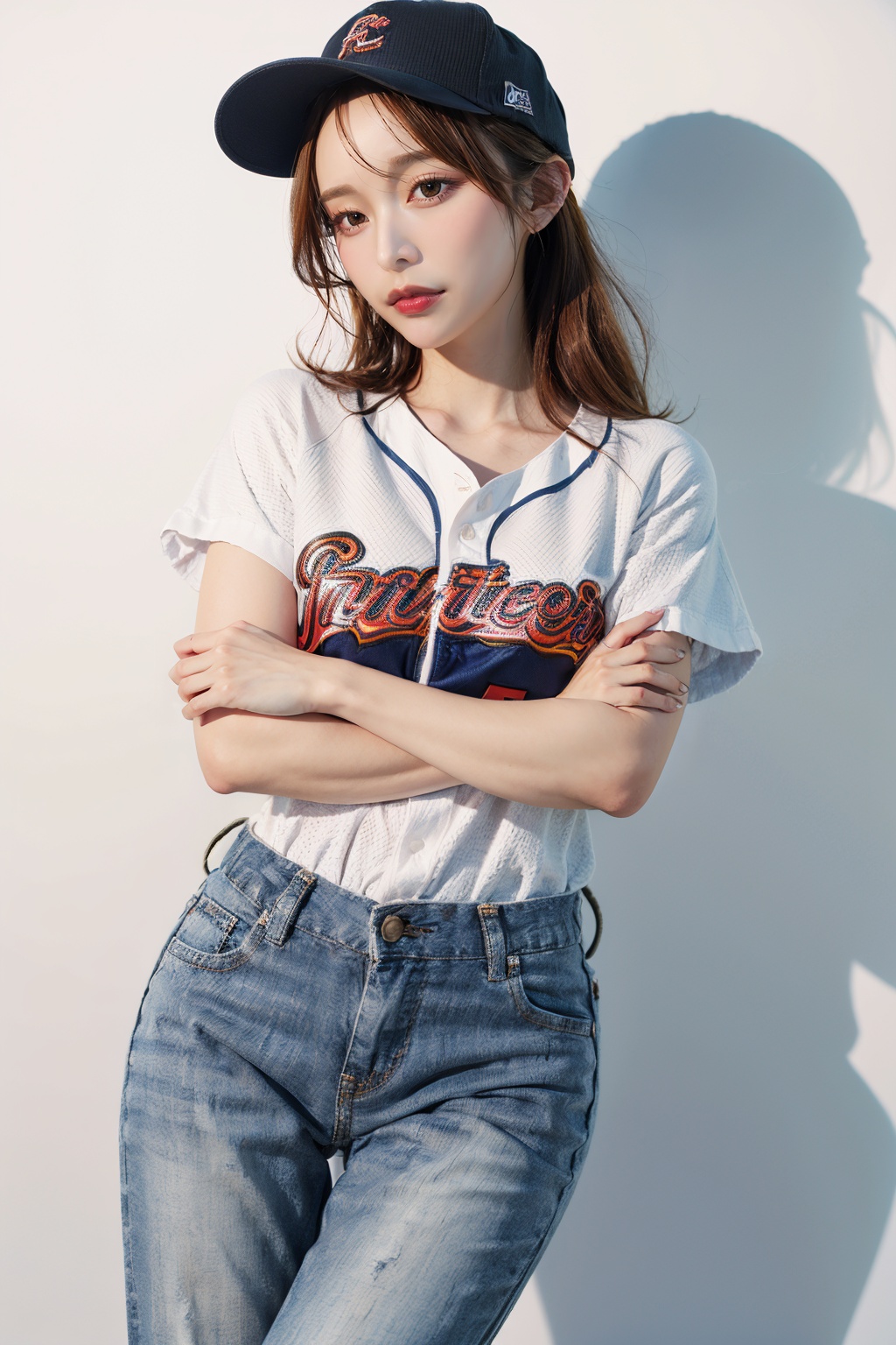 ((masterpiece, highest quality, Highest image quality, High resolution, photorealistic)),(Good structure),DSLR Quality,ito,1girl,solo,realistic,blonde hair,t-shirt,baseball cap,jeans,pants,baseball jersey,looking at viewer,short sleeves,brown eyes,lips,black t-shirt,white background,arms_crossed,blue pants,simple background,front_view,Depth of field,<lora:MI03:1>,