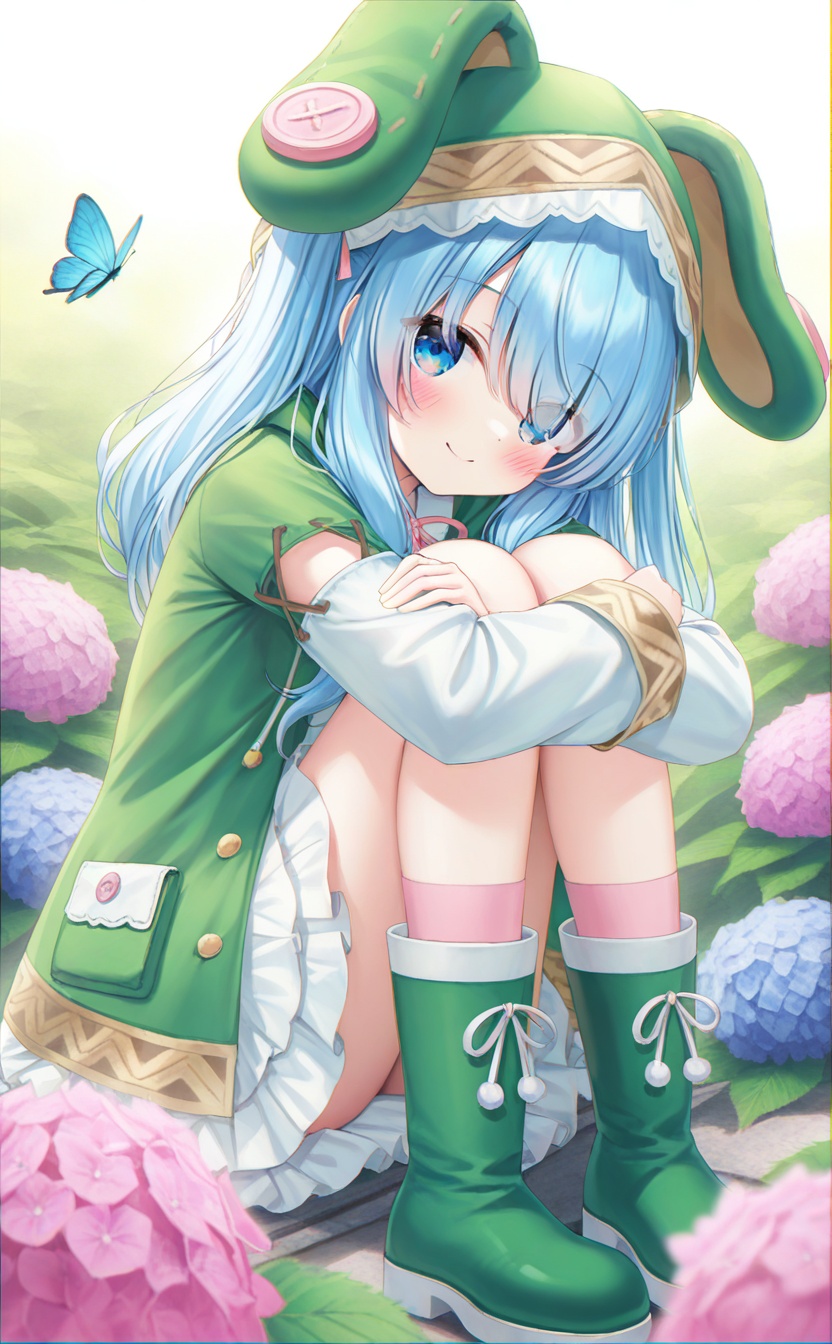masterpiece,absurdres,best quality,high quality,chromatic_aberration,//,<lora:normal-yoshino:0.8>,normal yoshino,1girl,solo,blue eyes,blue hair,long hair,green footwear,animal hood,hood,dress,boots,white dress,looking at viewer,coat,pink socks,//,guizhencao style,smile,blush,closed mouth,two side up,knees up,hugging own legs,sitting,eyes visible through hair,<lora:guizhencao-style:0.4>,//,bug,portrait,blurry,plant,pink flower,blurry background,hydrangea,leaf,blurry foreground,