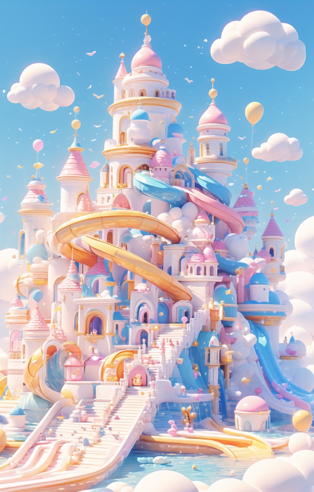 youleyuan2,balloon:0.6,cloud,day,outdoors,stairs,sky,bird,water,<lora:chengbao-000020:1>,