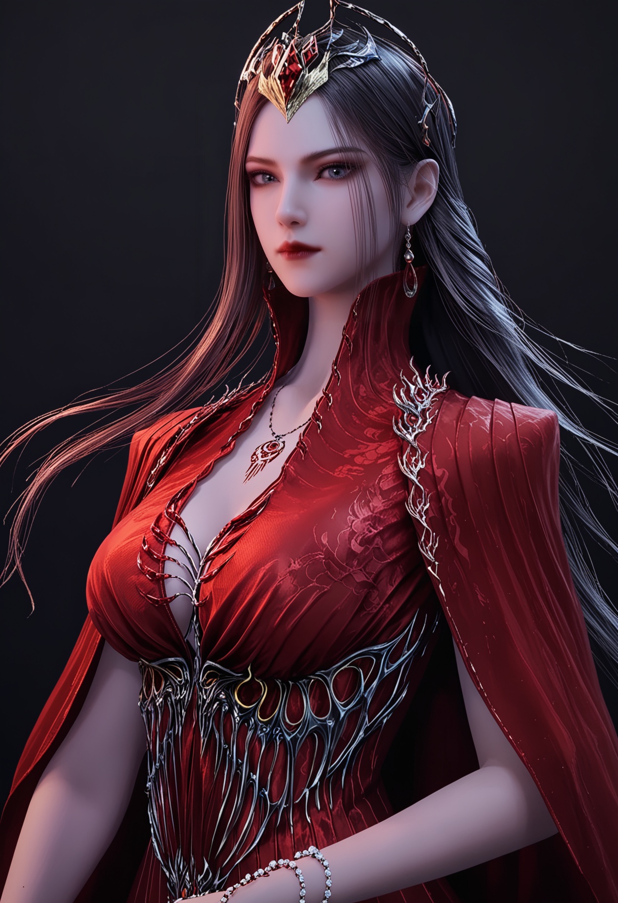 score_9,looking_at_viewer,upper body,(large breasts:0.8),yexishui,1girl,solo,long hair,jewelry,red dress,dress,brown hair,closed mouth,realistic,hair ornament,earrings,cape,grey eyes,necklace,bracelet,red lips,high heels,(simple background,pure black background,black background:1.1),perfect_anatomy,<lora:QQSponyyexishuiV1:0.8>,