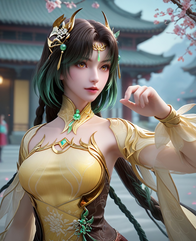 (oriental architecture, elegant decor, sophisticated style:1.1),fighting stance,(breasts:1.2),<lora:XL16完美世界苏兰:0.95>,miss sulan,yellow bandeau,bobtail,brown eyes,black hair,green highlights,braided ponytail,hair ornament,detached collar,very long hair,sash,black bobtail,, zPDXL2, score_9, score_8_up, score_7_up BREAK realistic, masterpiece,best quality, highly detailed,, zPDXL3, zPDXL2,zPDXL, zPDXLxxx, zPDXLrl,