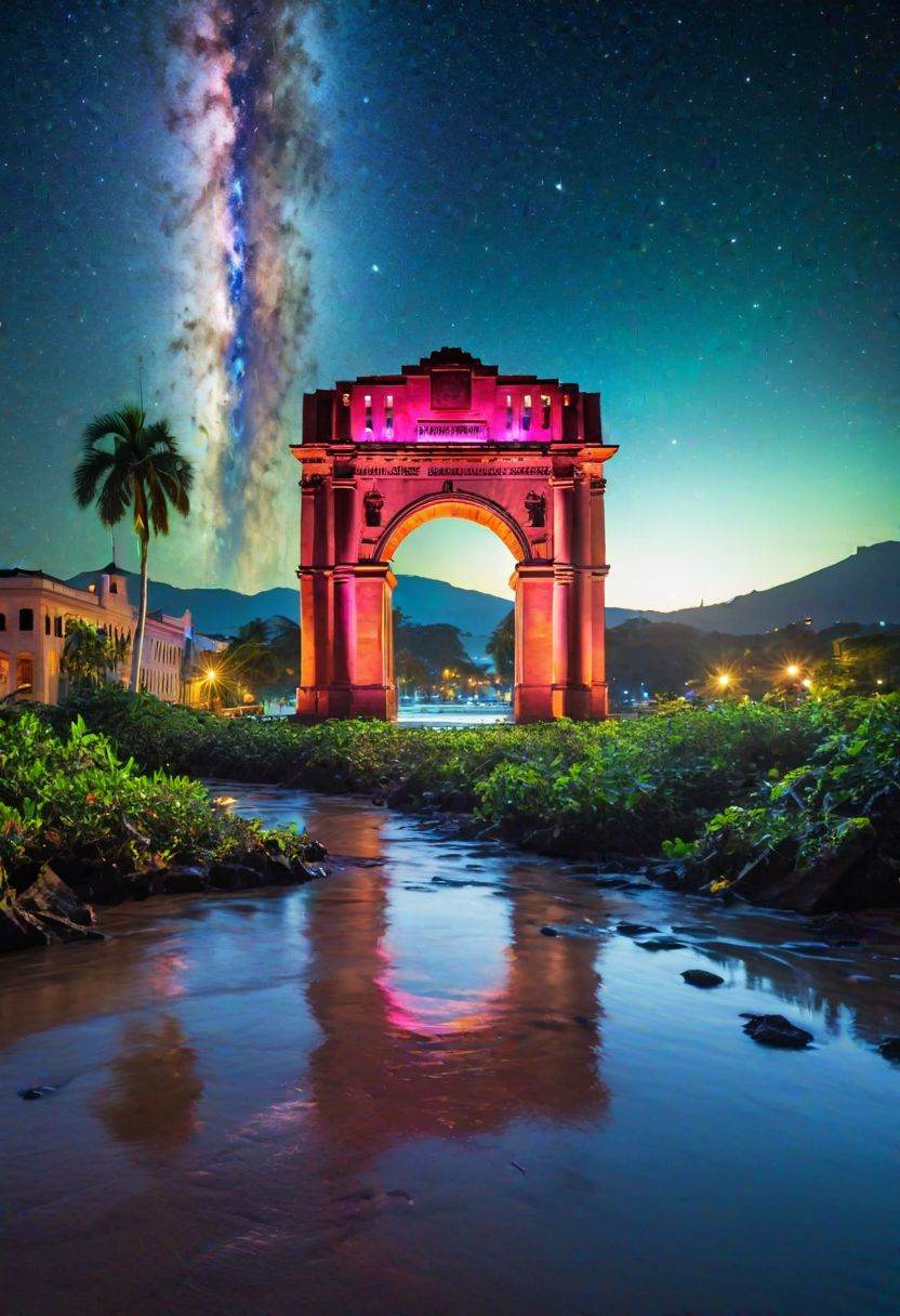 arco del triunfo de san juan "Picture a breathtaking vista where,  amidst the neon-lit skyline and cascading waters of the...