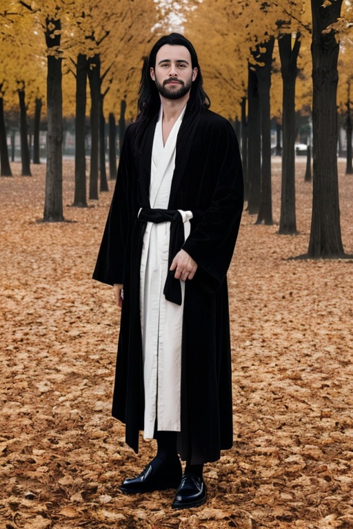 short hair,day, euphil,  realistic, solo, 1boy,black footwear, long hair, robe, standing<lora:SD1.5_EUPhil.v1.0:0.6>
