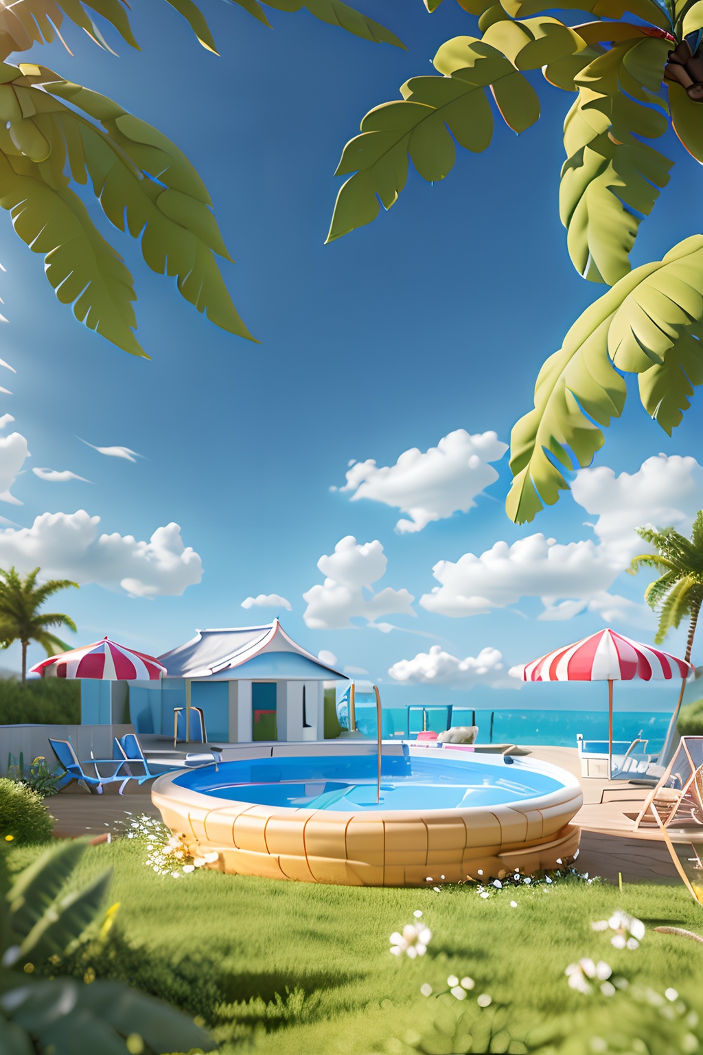 OC rendering,C4D,3D,product photography,still life,Coconut trees,a swimming pool filled with blue seawater,blue and white umbrellas and seats,and white and red swimming rings,