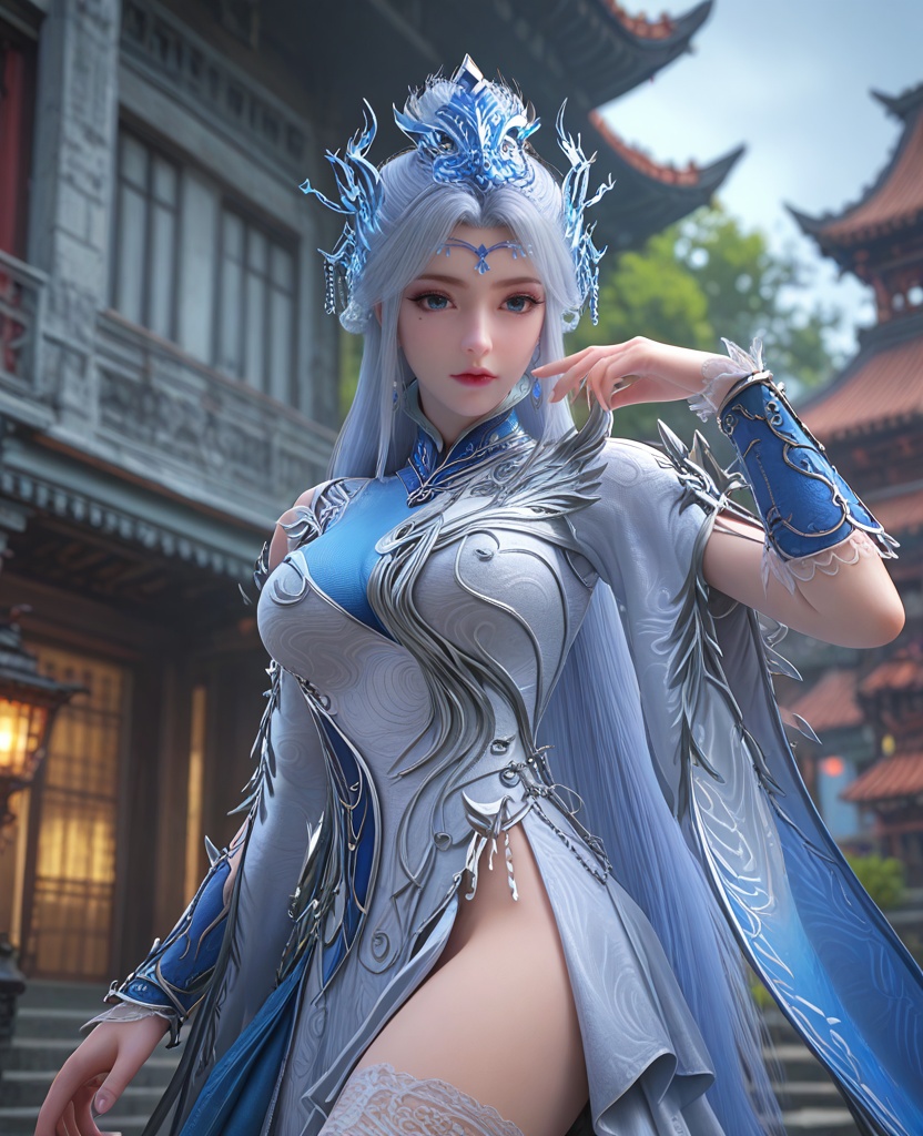 (oriental architecture, elegant decor, sophisticated style:1.1),(Posing with one hand on the chin, looking contemplative,:1.1),(breasts:1.2),<lora:XL百炼成神宁雨蝶大奶宗主:0.95>,miss ningyudie,white dress,blue eyes,eyelashes,mole under right eye,white hair,long hair,hair ornament,sidelocks,earrings,bracer,shawl sleeves,pelvic curtain,lace stockings,, zPDXL2, score_9, score_8_up, score_7_up BREAK realistic, masterpiece,best quality, highly detailed,, zPDXL3, zPDXL2,zPDXL, zPDXLxxx, zPDXLrl,