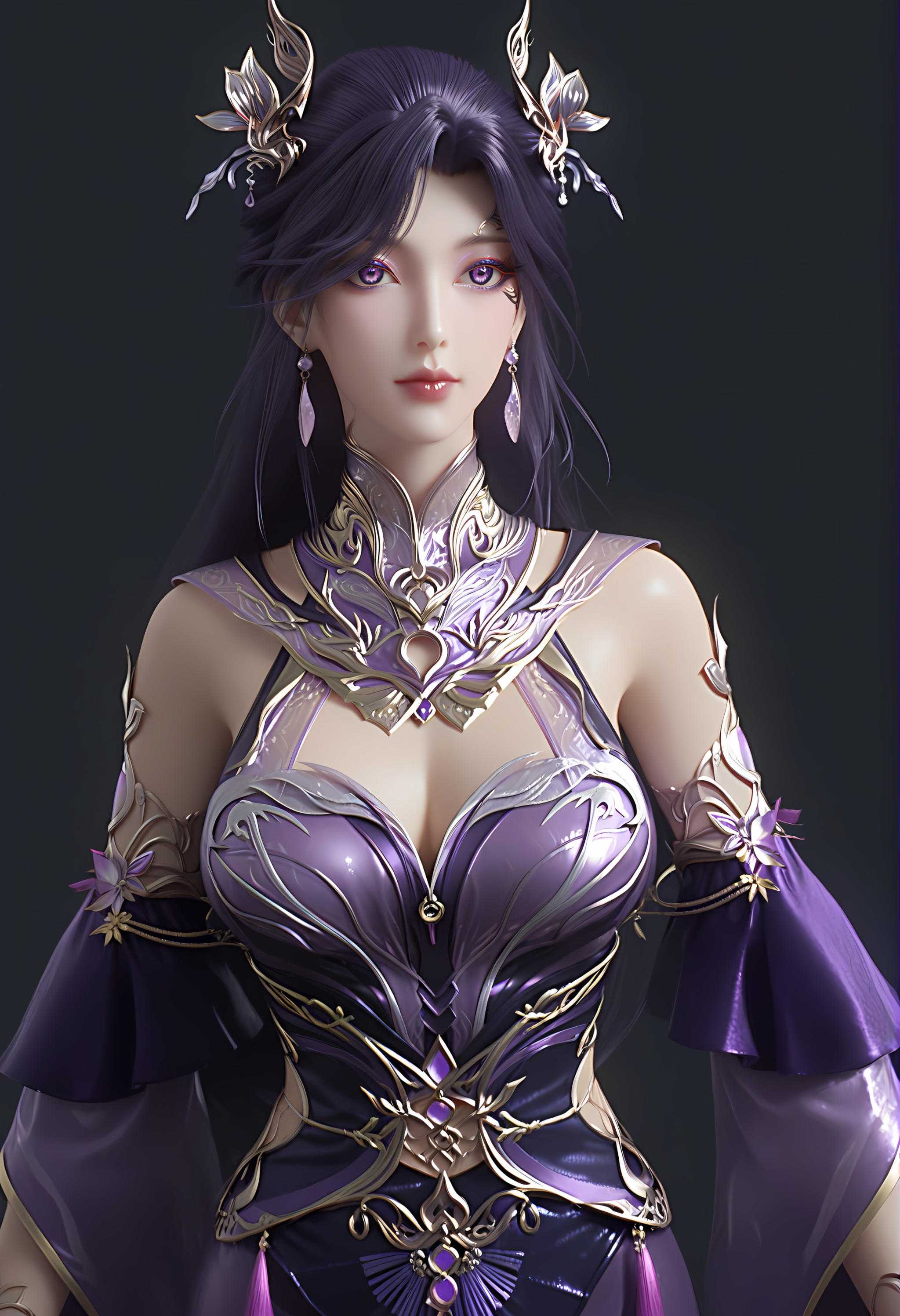 (score_9),<lora:燕倾城-Apony:0.83>,yanqinchen,(mature_female),solo,long hair,hair ornament,purple hair,high collar,jewelry,detached collar,earrings,purple dress,detached sleeves,belt,<lora:perfect eyes_v1:0.8>,purple eyes,front view,bright pupils,<lora:Expressive_H-000001:0.8>,glamor,collarbone,pointy breasts,puffy breasts,large breasts,narrow waist,simple background,black background,