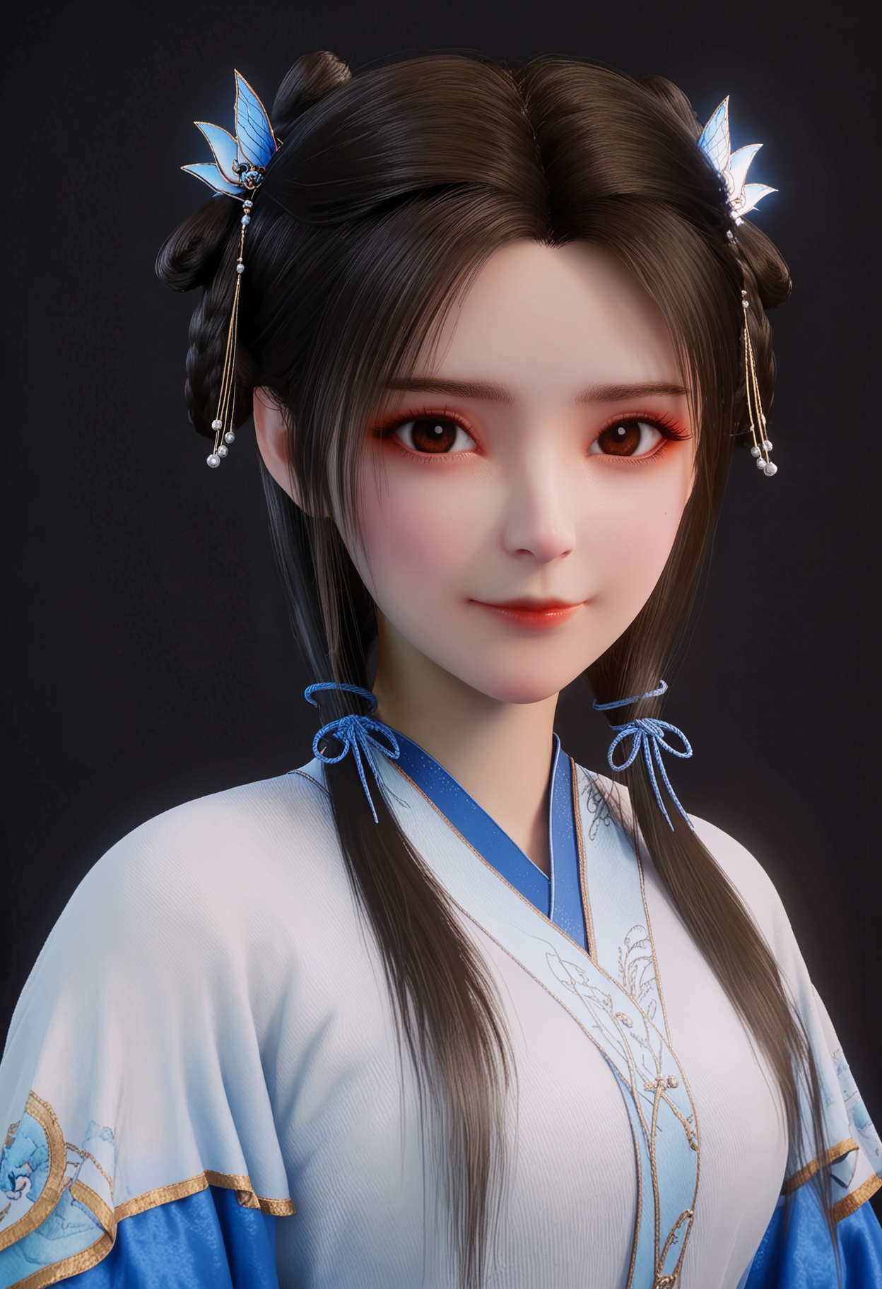 score_9,looking_at_viewer,upper body,(large breasts:0.8),1girl,solo,black hair,realistic,smile,chinese clothes,long sleeves,hair ornament,hair rings,closed mouth,brown eyes,layered sleeves,dress,long hair,hair ribbon,short over long sleeves,red lips,ribbon,makeup,hanfu,(simple background,pure black background,black background:1.1),perfect_anatomy,<lora:QQSponyzhouruV1:0.8>,