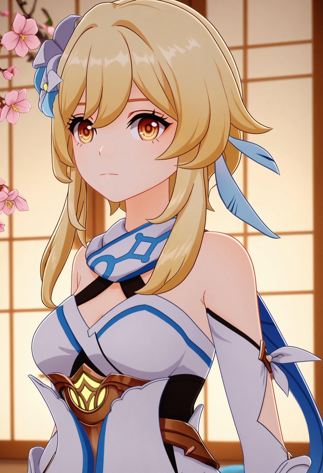 (upper_body:1.2),looking at viewer:1.1,masterpiece,(best quality),(mutated_hands:-1.2),(bad hands:-1.2),smog,Dark room,dim lighting,peach blossom,falling petals,<lora:YQ_Illustrious光辉v5_荧_V1:0.8>,q1528437228,1girl,solo,lumine (genshin impact),blonde hair,hair ornament,dress,hair flower,white dress,short hair with long locks,detached sleeves,yellow eyes,scarf,sidelocks,feather hair ornament,gloves,white thighhighs,boots,