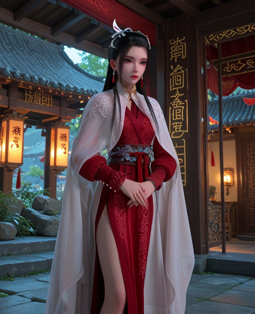 (oriental architecture, elegant decor, sophisticated style:1.1),(Posing with one leg lifted, hands touching the lifted foot,:1.1),(breasts:1.2),<lora:XL少年白马晏琉璃:0.95>,miss yanliuli,white cape with red dress underneath,brown eyes,hair ornament,earrings,black hair,hanging hair,long hair,sash,long sleeves,white cape,see-through silhouette,, score_9,score_8_up,score_7_up,score_6_up,score_5_up,score_4_up,3d rendering,tag1,tag2, Cinematic Lighting,backlighting,