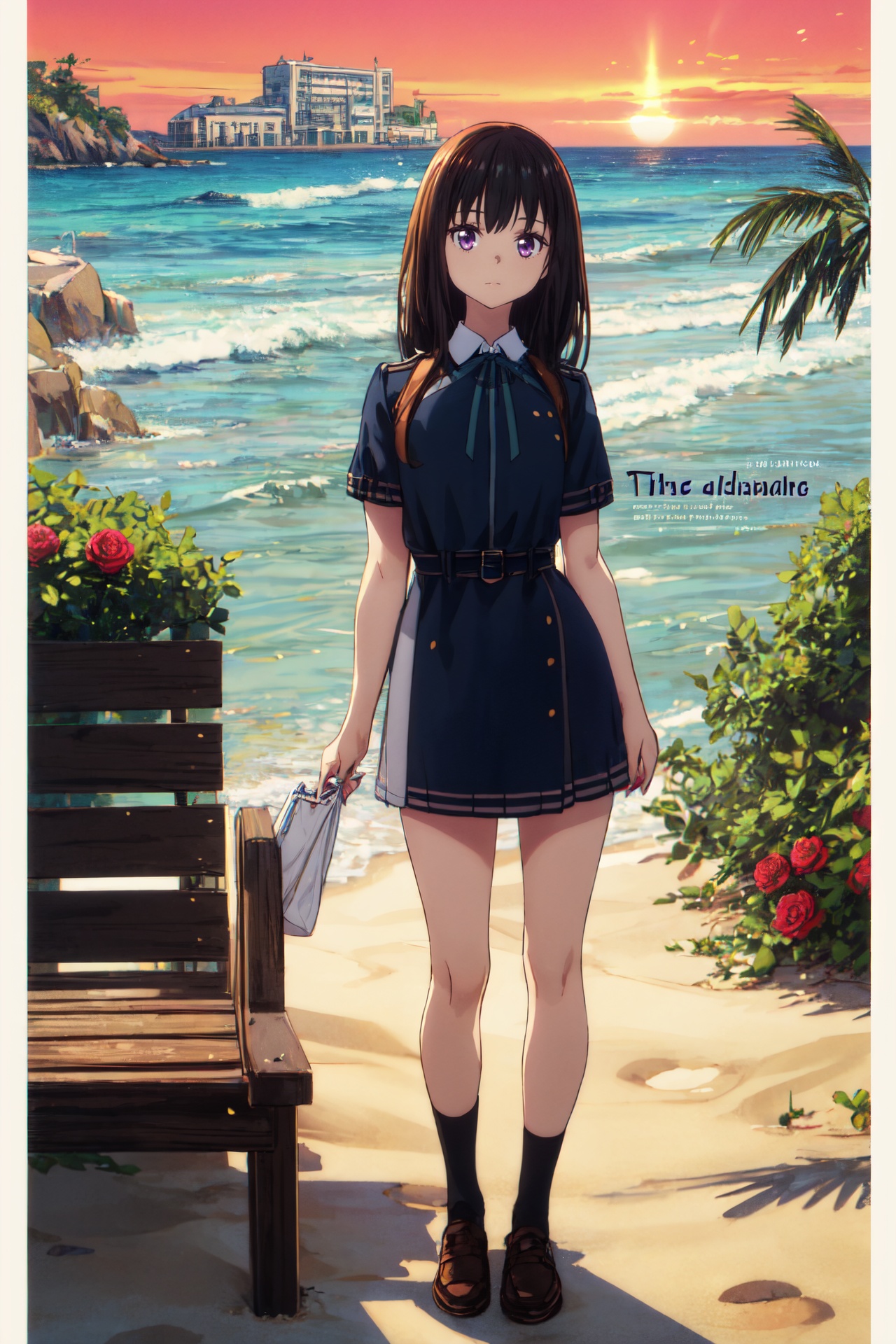 1girl,looking at viewer,solo,black hair,long hair,purple eyes,ribbon,green ribbon,neck ribbon,lycoris uniform,dress,blue dress,two-tone dress,belt,collared shirt,shirt,grey dress,white shirt,socks,black socks,loafers,brown footwear,<lora:takina>,takina_CYQL,(bored,stretching,portrait,foreshortening:1.1),beautiful face,beautiful eyes,glossy skin,shiny skin,Beach, Sand, Waves, Sunrise, Palm trees, Seashells, Seagulls, Horizon,Rose bushes, Spring blooms, Garden sanctuary, Fragrant air, English countryside, Springtime charm,beautiful detailed sky,beautiful detailed glow,(movie poster:1.2),(border:1.3),(English text:1.4),posing in front of a colorful and dynamic background,masterpiece,best quality,beautiful and aesthetic,contrapposto,female focus,wallpaper,fashion,<lora:增强减少细节add_detail:0.4>,