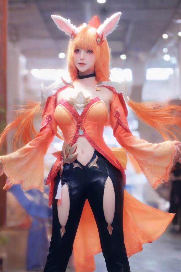 <lora:ALI公孙离-000010:1>,ALi,1girl,animal ears,long hair,rabbit ears,solo,navel,clothing cutout,breasts,choker,looking at viewer,black pants,orange hair,navel cutout,blurry background,pants,bangs,masterpiece,best quality,