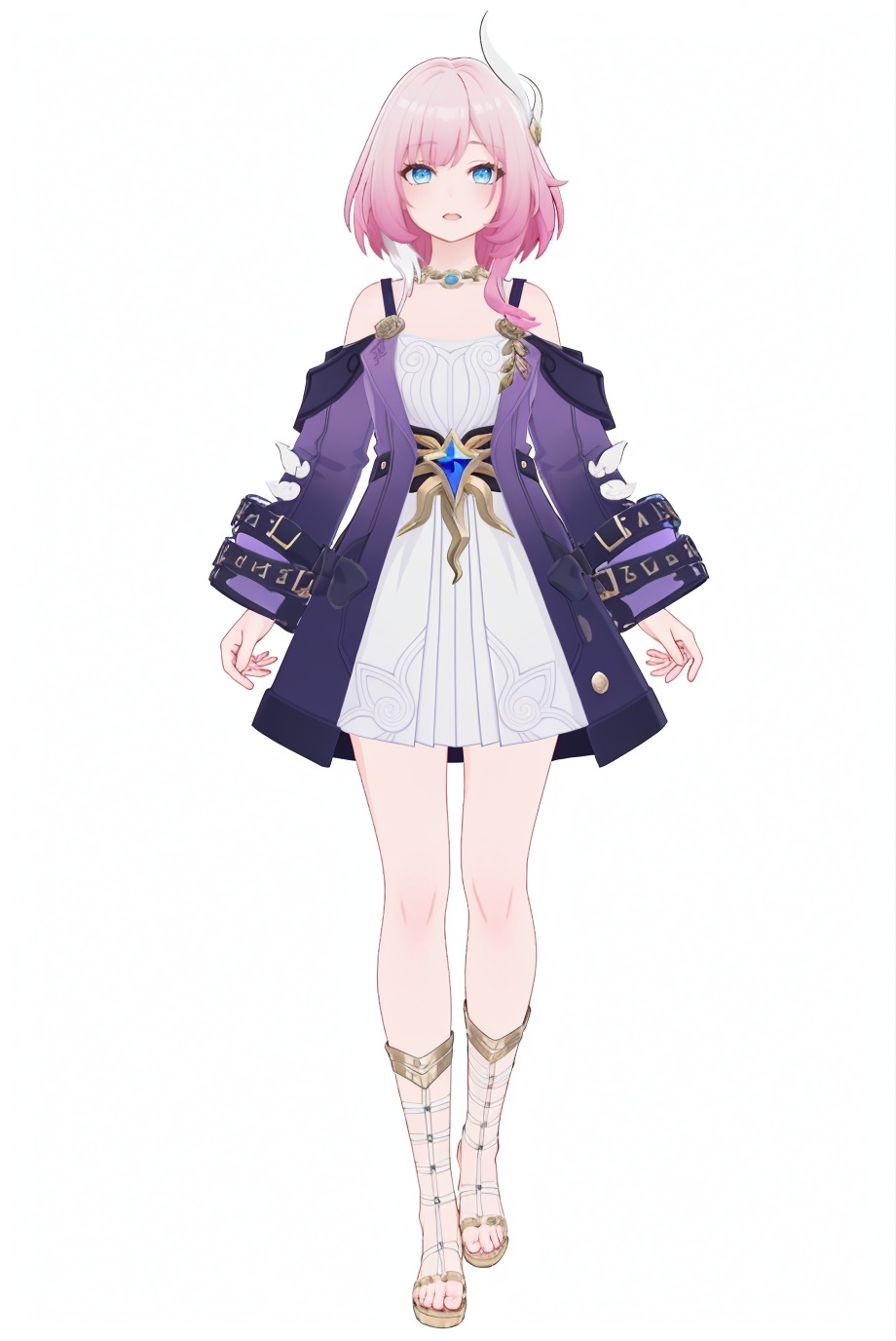 8k,best quality,masterpiece,(ultra-detailed),(high detailed skin),(by nanoless, by misumi \(macaroni\),:0.5),A full-body portrait of a young girl,standing gracefully,pastel art style,high-key lighting,shoujo manga influence,hd quality,delicate details,full body,full shot,standing,looking at viewer,(solo:1.2),simple background,(white background:1.2),<lora:Cyrene-sd-Tanger:0.8>,Cyrene \(honkai: star rail\), clothes: Cyrene def purple and white dress, 1girl, pink hair, blue eyes, bangs, sandals,