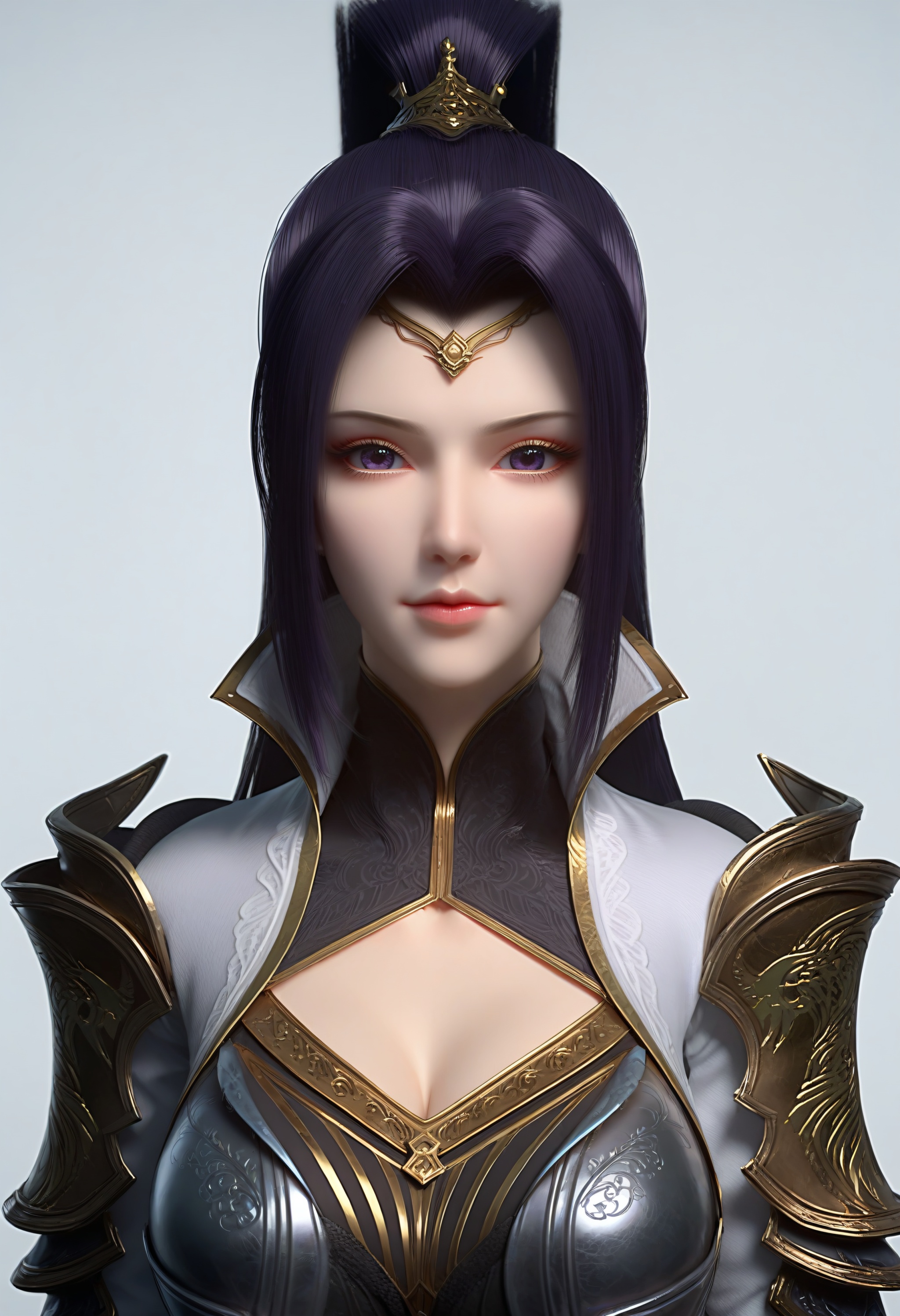 (score_9),vivid colours,Expressiveh,ambient occlusion,((Subsurface Scattering)),light blush,<lora:夭夜-Apony-000008:0.83>,1girl,solo,long hair,black hair,forehead ornament,ponytail,hair ornament,high collar,pauldrons,breastplate,armored corset,upper body,looking at viewer,front view,<lora:perfect-eyes:0.8>,purple hair,mature,(mature_female:1.3),collarbone,puffy breasts,pointy_breasts,large breasts,cleavage,<lora:a修手:0.3>,BREAK<lora:SkinRealityOrg_ponyv6_loraplus:0.3>,real skin,OverallDetail,fair_skin,(Ivory_skin),white background,<lora:e色温:0.5>,<lora:e肤色滑块:0.5>,<lora:detailed_notrigger:1>,<lora:Expressive_H-000001:0.8>,