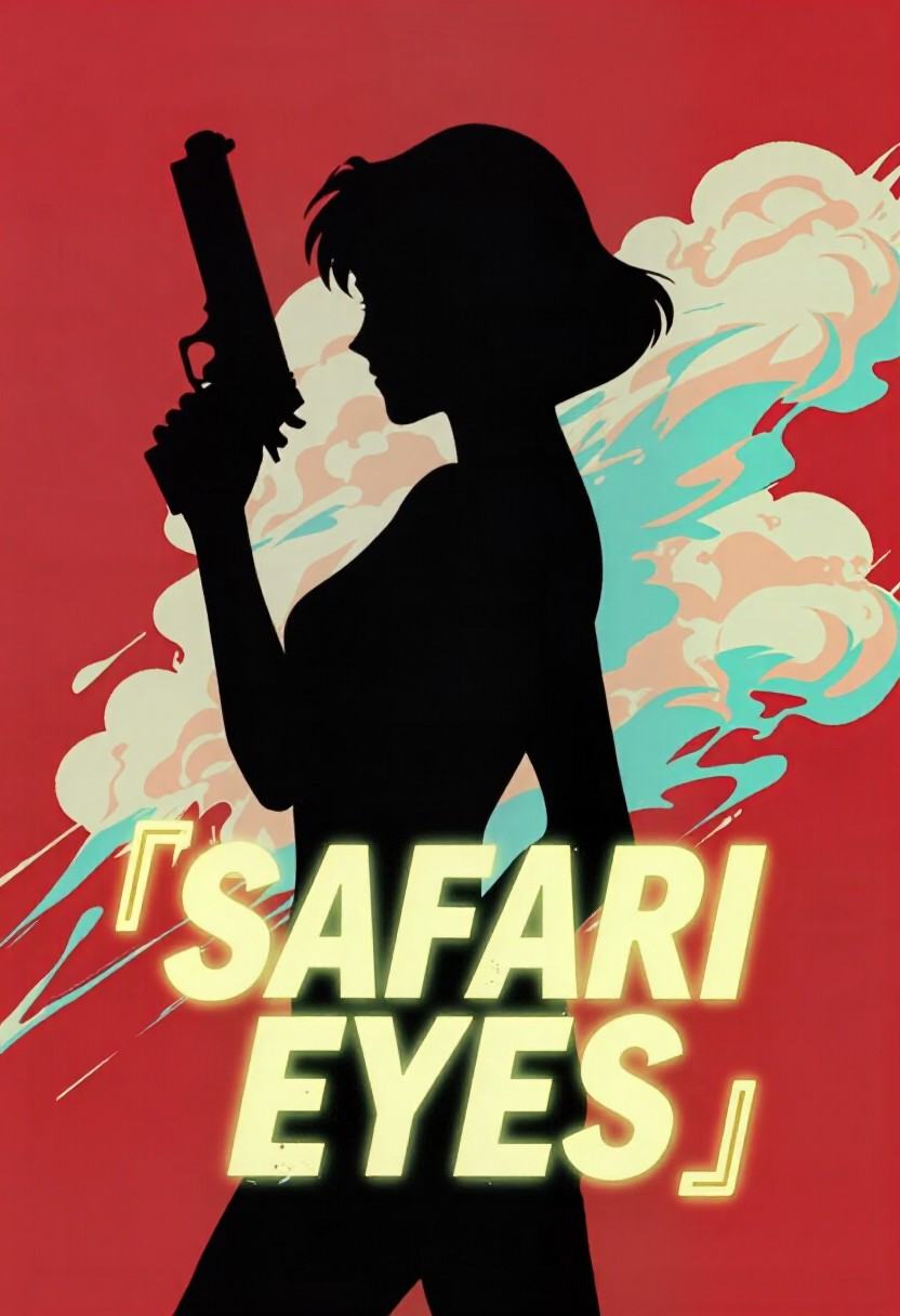 Safarieyes 1980s anime style black profile silhouette of a woman with short hair holding a handgun vertically on a red bac...