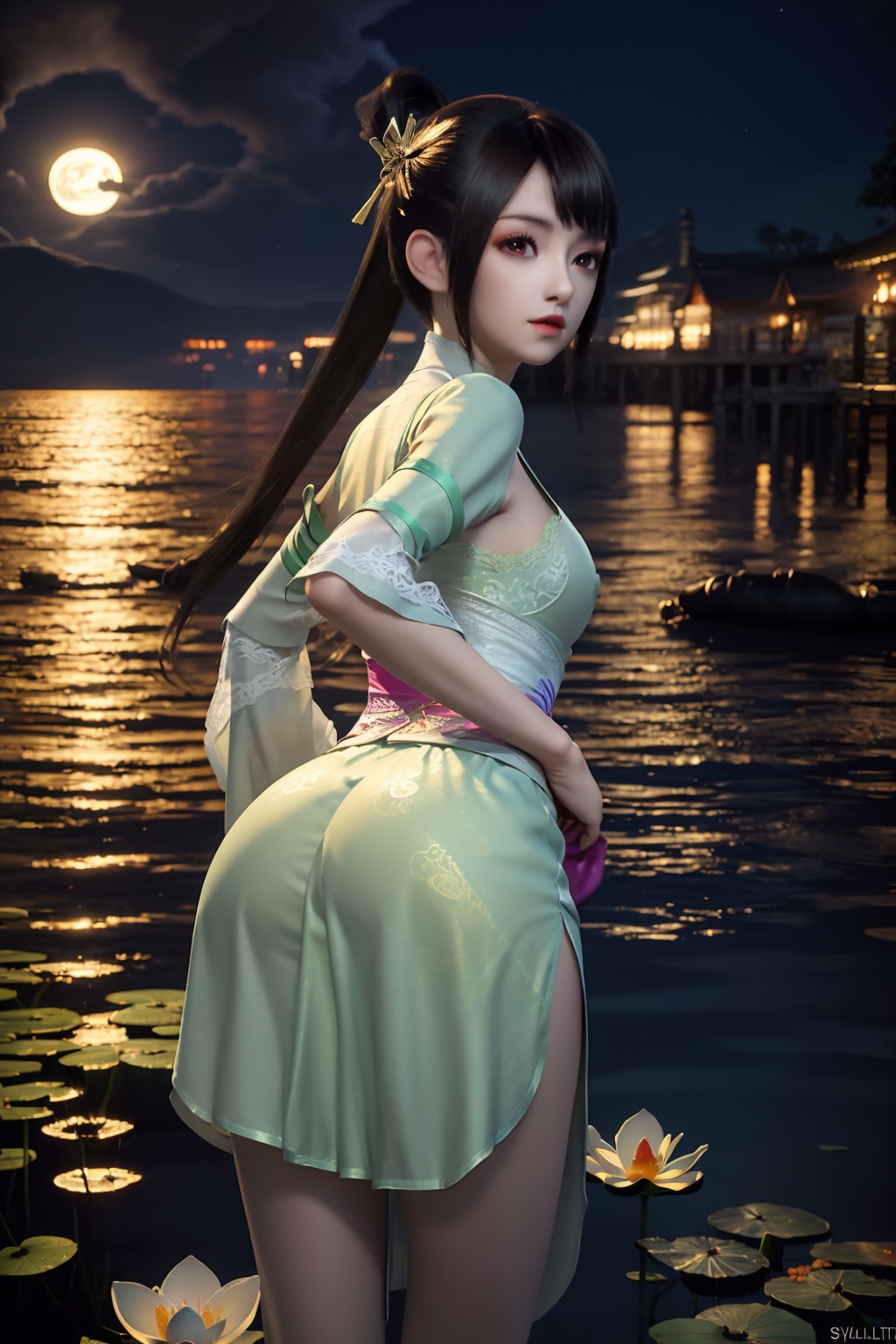 standing,dress,chinese clothes,flower,full_moon,moon,night,lily_pad,lotus,moonlight,nipples,water,night_sky,lily_\(flower\),sky,partially_submerged,1girl,solo,hair ornament,long hair,realistic,nail polish,photo_\(medium\),(small breasts,cleavage),makeup,(8k, RAW photo, best quality, masterpiece:1.2),(realistic, photorealistic:1.3),ultra-detailed,extremely detailed cg 8k wallpaper,(crystalstexture skin:1.2),extremely delicate and beautiful,(sexy pose:1.2),ass,from behind,(looking back:1.5),bent over,hair ornament