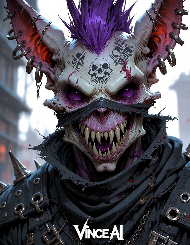 A skeletal rabbit-like punk with elongated ears,  hollow violet eye sockets and an exaggerated jaw full of triangular bone...