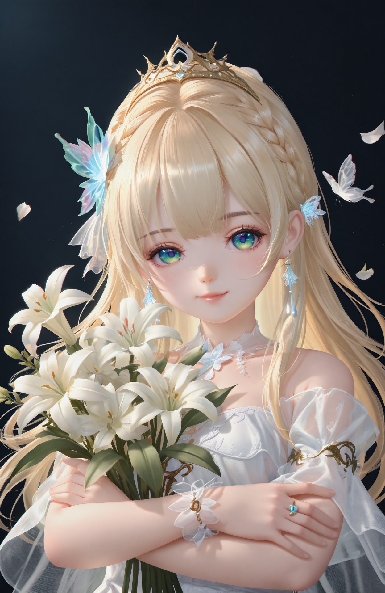 masterpiece,absurdres,best quality,loli,petite,high quality,chromatic_aberration,impasto,highres,absurdres,//,1girl,blonde_hair,flower,bug,butterfly,long_hair,solo,jewelry,petals,bracelet,black_background,hair_ornament,tiara,dress,lily_\(flower\),looking_at_viewer,falling_petals,holding,upper_body,white_flower,white_butterfly,braid,bouquet,blue_eyes,green_eyes,ring,white_dress,closed_mouth,multicolored_eyes,lips,bare_shoulders,see-through,smile,white_lily,holding_bouquet,dark_background,crossed_arms,butterfly_hair_ornament,//,<lora:古风厚涂Loli——【CKXL】hans:1>,
