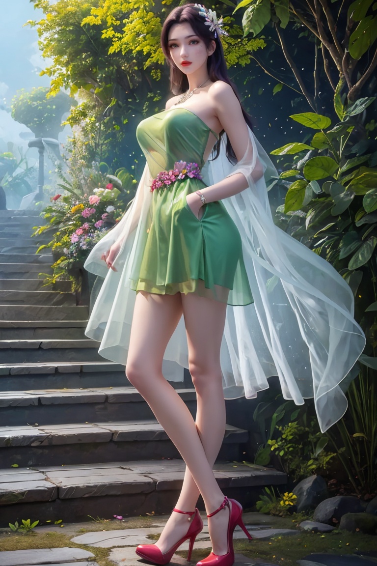 1girl,dress,high heels,long hair,solo,flower,looking at viewer,jewelry,hair ornament,necklace,red lips,purple footwear,pink flower,bare shoulders,full body,blue footwear,facial mark,knees together feet apart,butterfly hair ornament,short dress,petals,bare legs,makeup,curtains,halterneck,(stockings:1.2),Jay Nature,Trees,Forests,Animals,Flowers,Reality,Masterpiece,best quality,official art,extremely detailed CG Unity 8k wallpaper,<lora:20230926-1695663803691:0.3>,<lora:炫彩V1:0.3>,hiqcgbod,outdoors,(see-through:1.3),(bandeau:1.2),(big breasts:1.2),(yellow, green dress),between_legs,(hands in pockets:1.4),<lora:云芝(4):0.65>,black hair,