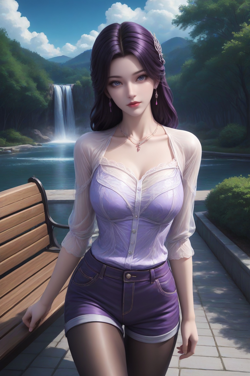 <lora:yunxi_v3-000016:0.5>,earrings,necklace,yunxi,1girl,solo,hair ornament,lips,lipstick,closed mouth,red lips,shiny hair,shiny,looking at viewer,dynamic pose,standing,walking,leaning back,arm support,(outdoors,day,waterfall,sky,cloud,park,park bench,lamppost,),masterpiece,highres,absurdres,best quality,8K,high-res detailed,dress,purple dress,shorts,shorts_under_skirt,(puffy_shorts:1.2),looking at viewer,dynamic pose,shadow,outdoors,wall,sky,blue sky,cloud,<lora:DetailedEyes_V3:0.5>,<lora:sh-glossy_r2:0.5>,black_pantyhose,<lora:LegLength&Muscular_400steps:1.5>,(cowboy shot:1.2),