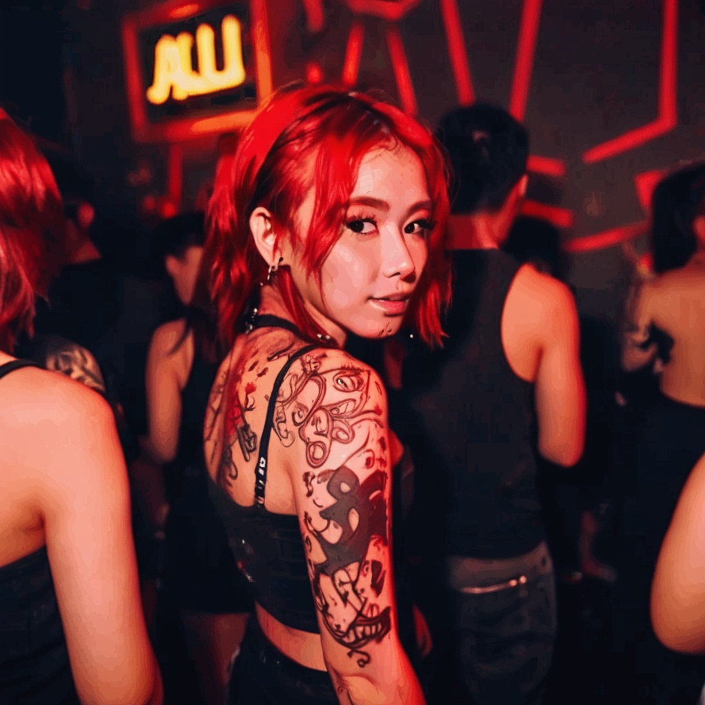 bar photo,<lora:barphoto_XL:0.7>,<lora:20240704-1720095833344:0.4>,solo focus,looking at viewer,underground club,tattoo,rebellious,glowing,red hair,depth of field,1girl,best picture quality,masterpiece,