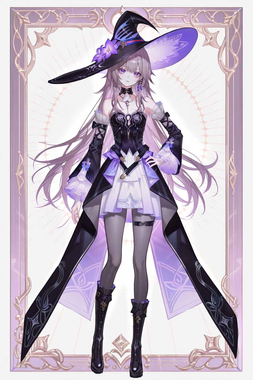 8k,best quality,masterpiece,(ultra-detailed),(high detailed skin),safe_pos,masterpiece,absurdres,newest,iumu,shinanoya \(satanicad\),jima,(whitebc:0.75),reoen,(healthyman:0.5),yoshinari you,full body,full shot,standing,looking at viewer,(solo:1.2),hand on own hip,<lora:cardstyle-gnoob-Tanger-000013:0.8>,cardstyle,border,tarot,<lora:herta-IL-Tanger:0.8>,The herta \(honkai: star rail\),daherta,clothes:daheta purple witch dress,witch hat,teengirl,1girl,long hair,boots,detached sleeves,purple eyes,grey pantyhose,black footwear,earrings,jewelry,A full-body portrait of a young girl,standing gracefully,pastel art style,high-key lighting,shoujo manga influence,hd quality,delicate details,