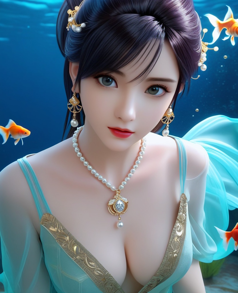 <lora:639-DA-XL-眷思量-须灵犀:0.8>(,1girl, ,best quality, ),looking at viewer,masterpiece, ((((, solo,  goldfish, ,solo focus, ,underwater, )))) ,ultra realistic 8k cg,   clean, masterpiece,     cinematic lighting, cinematic bloom,  (( , )),, , unreal, science fiction, luxury, jewelry, diamond, gold, pearl, gem, sapphire, ruby, emerald, intricate detail, delicate pattern, charming, alluring, seductive, erotic, enchanting, hair ornament, necklace, earrings, bracelet, armlet,,(cleavage),