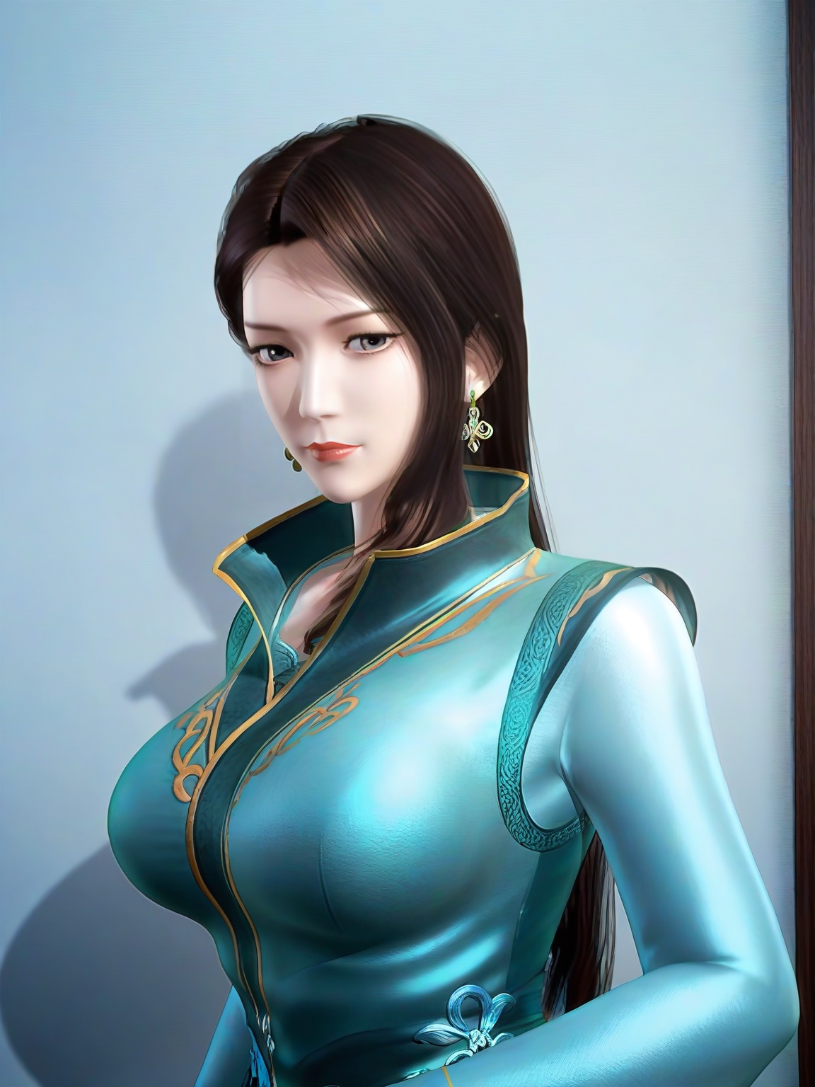 score_9,1girl,solo,dress,long hair,standing,long hair,brown hair ,black eyes,earrings,aqua dress,large breasts,chinese clothes,long sleeves,standing,lipstick,upper body,looking at viewer,<lora:SF_HuFuRen_Pony_Realism2.3-000004:0.7>,