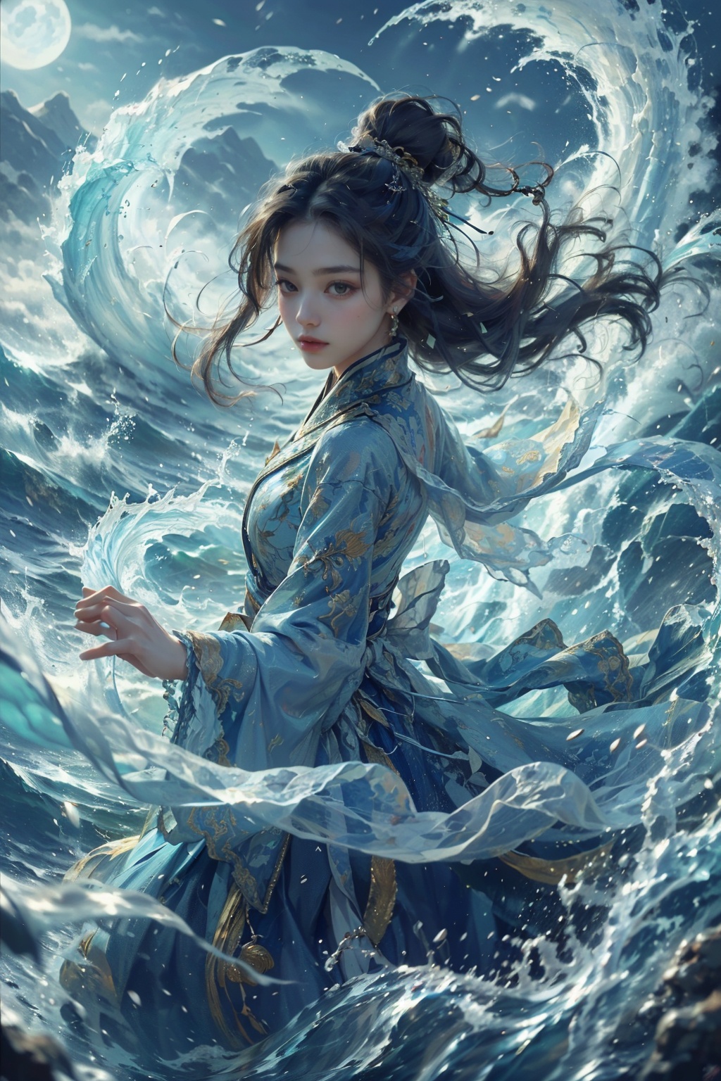 haifeisiv6,  painting of a woman in a flowing dress in the ocean,  cgsociety and fenghua zhong on Tensor.Art
