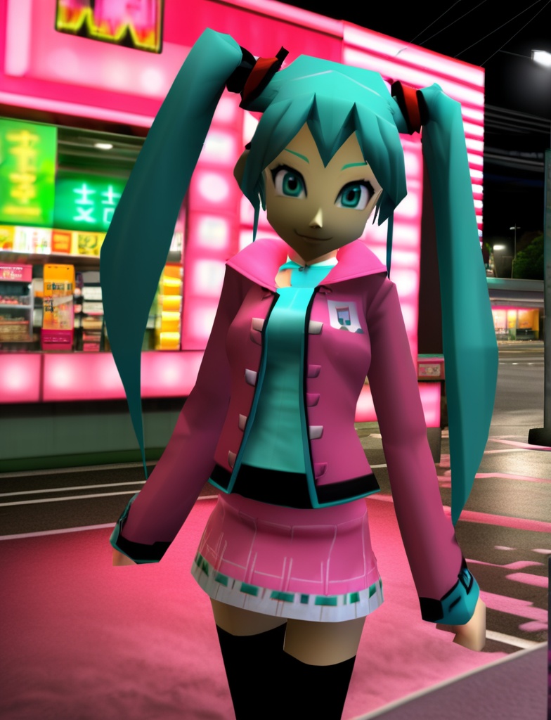 n64style,  portrait of hatsune miku in a pink jacket and miniskirt in front of a convenience store,  twintails on Tensor.Art