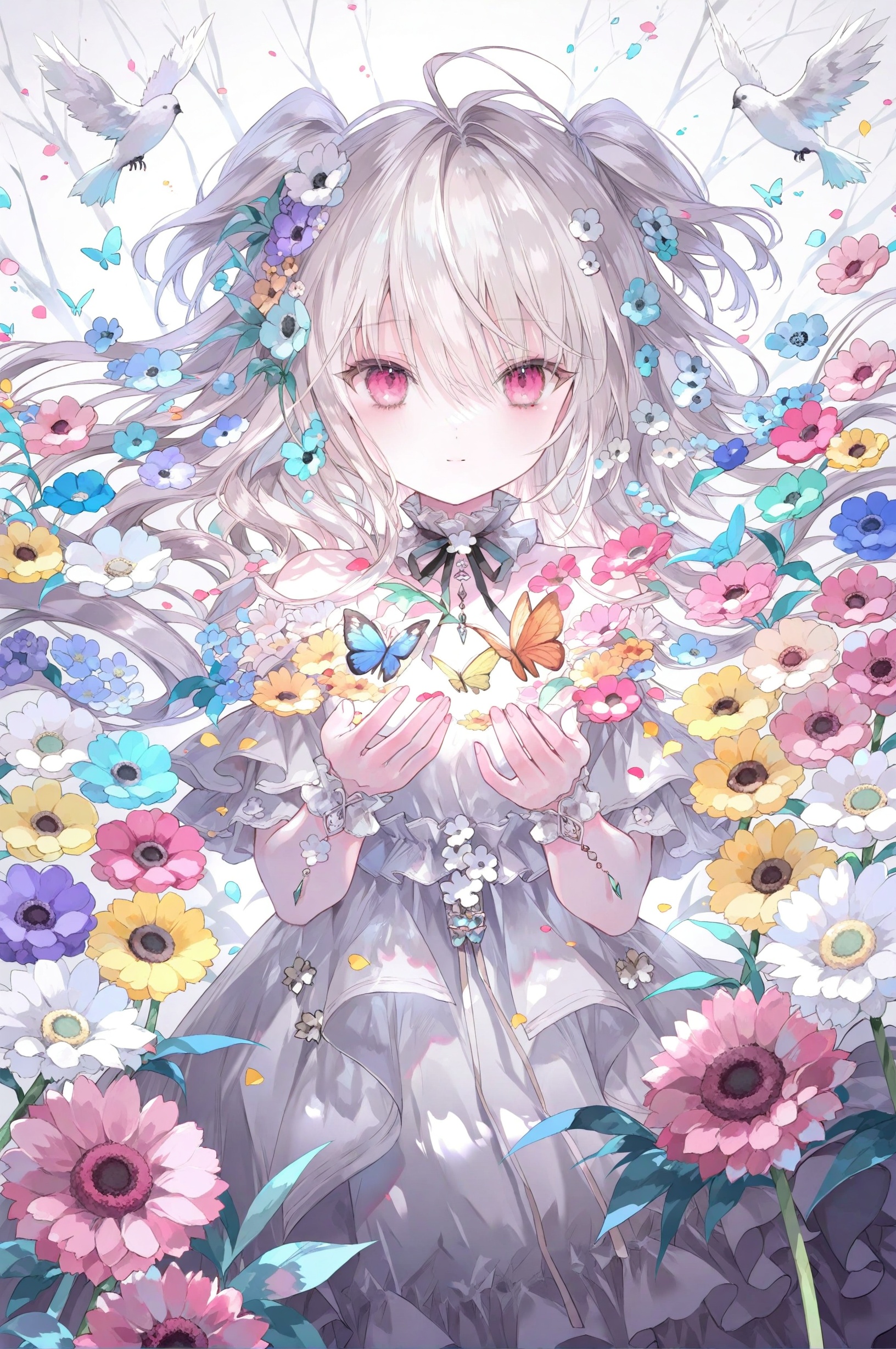 best,1girl,flower,butterfly,solo,bug,dress,long hair,looking at viewer,blue flower,anemone (flower),purple flower,hair between eyes,two side up,white dress,bird,pink flower,grey hair,red eyes,hair ornament,closed mouth,smile,hair flower,pink eyes,yellow flower,white flower,petals,blue butterfly,bare shoulders,white hair,wrist cuffs,hands up,frills,animal,ahoge,off-shoulder dress,off shoulder,very long hair,floating hair,straight-on,frilled choker,twintails,red flower,choker,daisy,short sleeves,grey dress,light smile,cowboy shot,bow,parted lips,frilled dress,leaf,white butterfly,upper body,<lora:lp29New.up2.1-000030:0.9>,