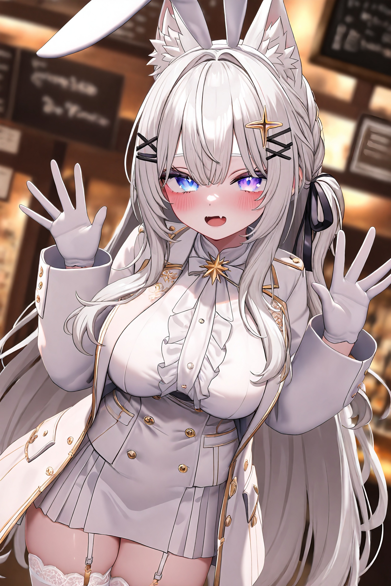 masterpiece,best quality,highly detailed,1 girl,solo,white hair,long hair,bangs,blue eyes,purple eyes,gradient eyes,(shining eyes:0.6),(glowing eyes:0.6),(star shaped pupils:0.6),(white pupils:0.6),thick eyelashes,long eyelashes,blush,open mouth,animal ears,fox ears,bunny ears,multiple ears,hair ornament,hair clip,hair ribbon,x hair ornament,white jacket,open jacket,gold trim,embroidery,white shirt,frilled shirt,buttons,white skirt,miniskirt,star ornament,white gloves,white legwear,thigh highs,lace,garter straps,hands up,palms up,looking at viewer,standing,indoor,blurry background,cafe,sign,cowboy shot,from above,high angle,warm lighting,<lora:VRC_STYLE-000118:0.9>,vct_style,