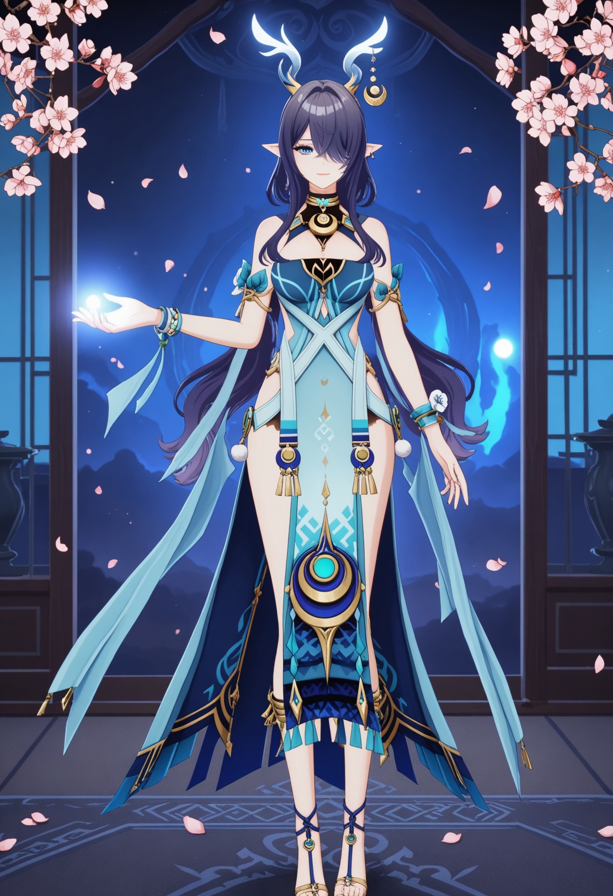 (full_body:1.4),(looking at viewer:1.1),facing viewer,direct gaze,(masterpiece:1.1),(best quality:1.2),(intricate details),(smog:1.3),(Dark room:1.3),(dim lighting:1.3),peach blossom,falling petals,<lora:YQ_Illustrious光辉v5_菈乌玛_V1:0.8>,1girl,solo,long hair,jewelry,pointy ears,dress,earrings,purple hair,horns,black hair,bracelet,blue eyes,blue hair,sandals,hair ornament,crescent,masterpiece,(best quality),(intricate details:0.9) BREAK (intricate details:0.9),(realistic skin:1.2),masterpiece,best quality,newest,absurdres,hiahres,