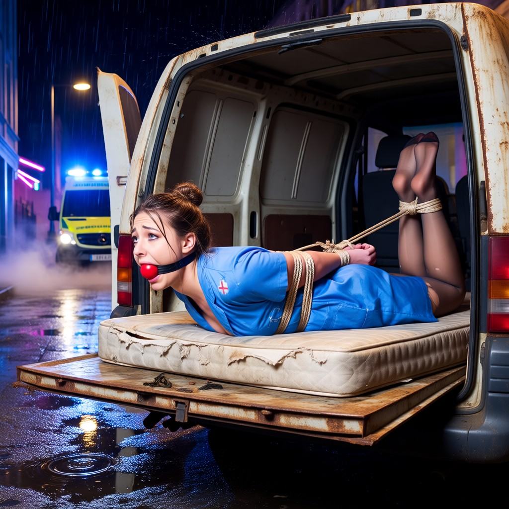 A dramatic nighttime scene inside a rusty and dirty old builders van which is parked with the rear doors open wide under a...