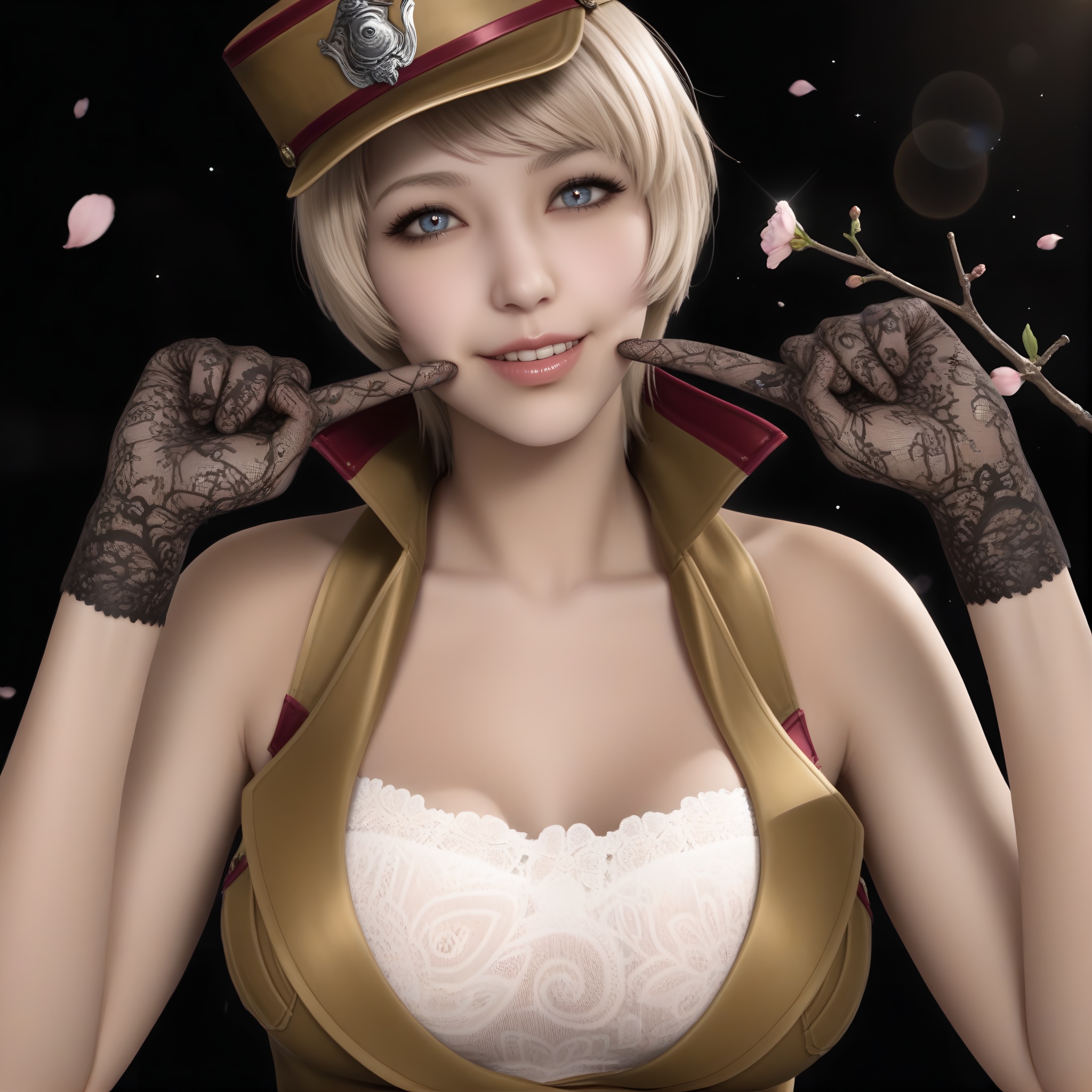 masterpiece,best quality,absurdres,highres,plump,curvy,mature female,<lora:潜-灵狐-ill:0.83>,1girl,solo,blonde hair,short hair,blue eyes,linghuzhe,pupils,bright_pupils,(blue_pupils),halter dress,white bra,lace bra,high collar,bare shoulders,military hat,black gloves,lace gloves,collarbone,upper body,(fingersmile:1.1),looking at viewer,(front view),BREAK(white_skin:1.1),(fair_skin:1.1),realistic,twig,branch,falling petals,simple background,black background,rim light,Volumetric Lighting,lens flare,Tyndall effect,depth of field,bokeh,sparkle,<lora:IL反差:1>,