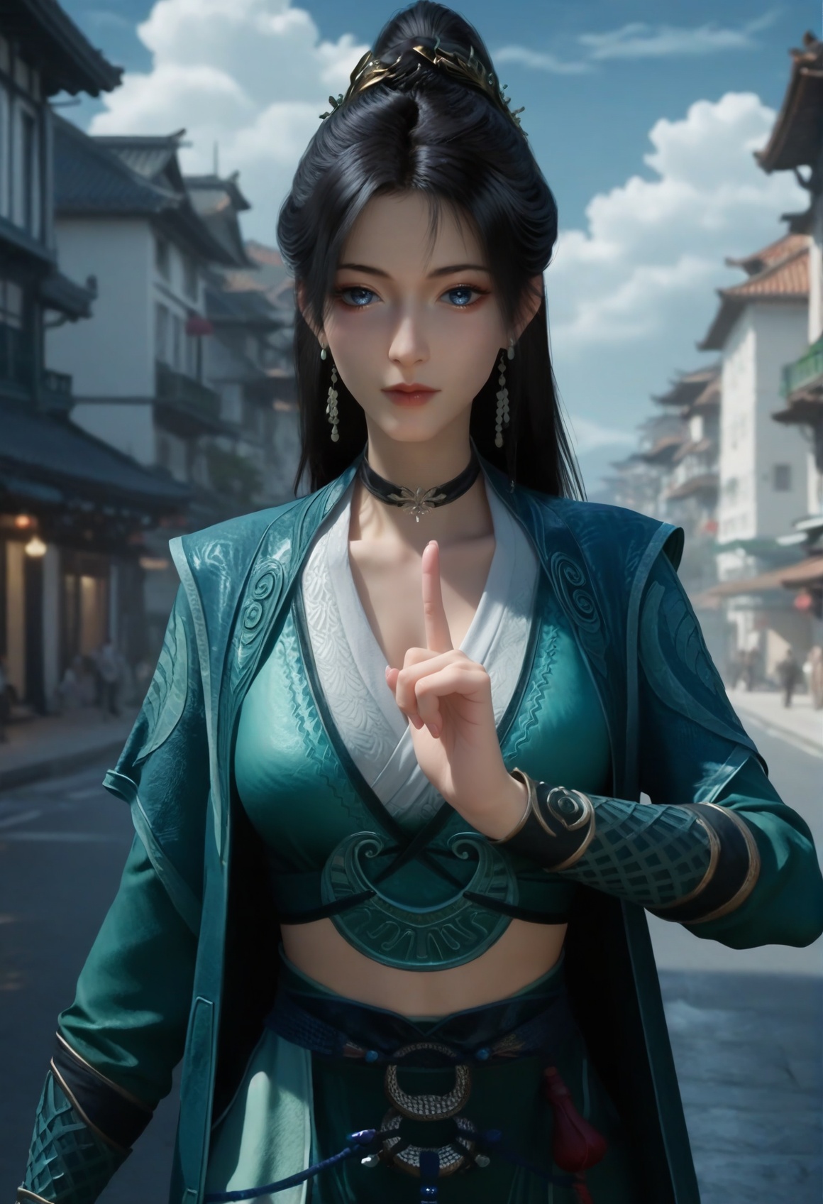 (score_9),<lora:慕配灵-Apony:0.83>,mpl,(mature_female:1.1),solo,hair ornament,long hair,black hair,ponytail,earrings,long long sleeves,robe,chinese clothes,wrist guards,long skirt,choker,black choker,<lora:perfect eyes_v1:0.8>,front view,bright pupils,blue eyes,looking at viewer,<lora:Expressive_H-000001:0.8>,(middle_finger:1.1),(glamor:1.2),(collarbone),pointy breasts,puffy breasts,large breasts,narrow waist,curvy,street,blue sky,blur background,building,city,cloud,cloudy sky,day,depth of field,(white_skin:1.1),(fair_skin:1.1),