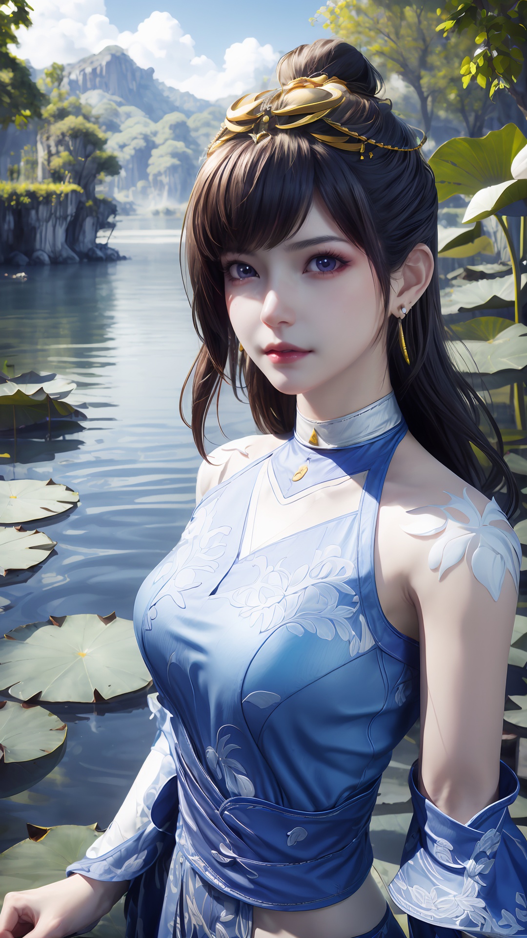 masterpiece,best quality,official art,extremely detailed CG unity 8k wallpaper,realistic,light rays,light particles,1girl,earrings,solo,jewelry,black_hair,long_hair,upper_body,blue_eyes,blue_ribbon,armlet,breasts,blue theme,starry background,scenery,starry sky,night,reflection,night sky,outdoors,milkway,cistern,(lotus:1.2),lake water,moon,long_hair,earrings,hair_ornament,dynamic pose,looking at viewer,cowboy shot,