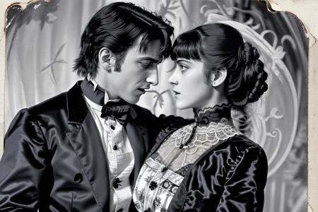 1boy,  1girl,  movie still of a woman in a dress flirting with Count Dracula 1900_dr3ss on Tensor.Art