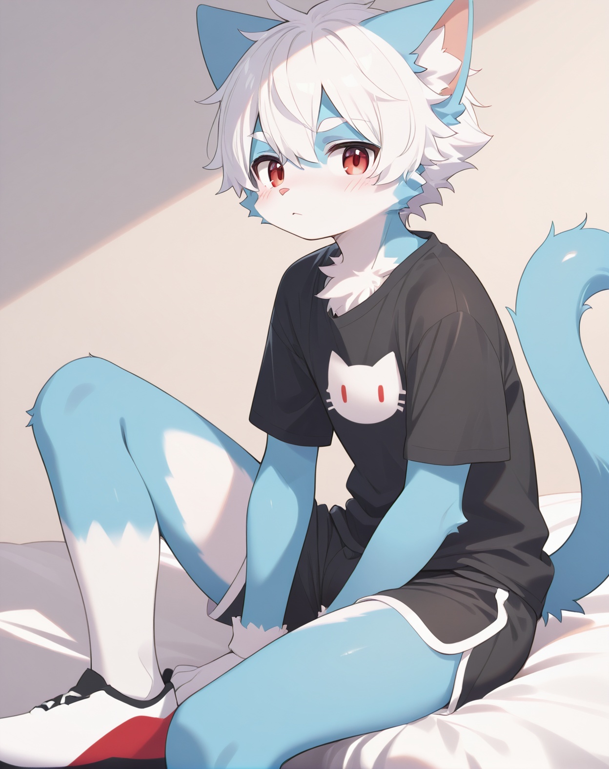 solo,male_focus,furry, (white_hair,red_eyes),(blue fur,cat_ears), body_fur,white_fur,t-shirt,shorts, BREAK, portrait,sitting,on_side, (masterpiece, best quality:1.1),body fur,anthro