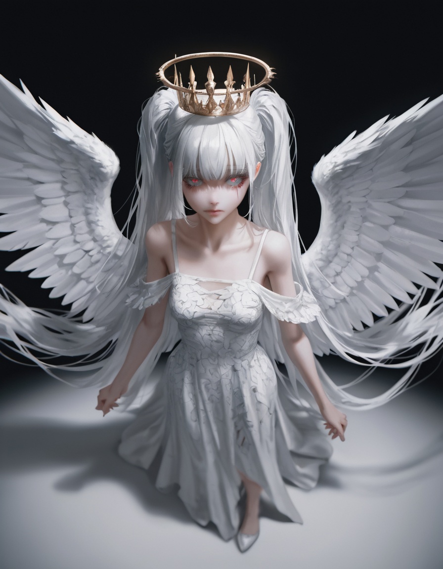 best quality,amazing quality,very aesthetic,1girl,solo,wings,long_hair,dress,white_hair,twintails,halo,very_long_hair,looking_at_viewer,white_wings,black_background,white_theme,feathered_wings,full_body,white_dress,simple_background,bangs,angel_wings,low_wings,head_wings,bare_shoulders,angel,crown,closed_mouth,multiple_wings,white_eyes,floating,//,depth of field,(artist:quasarcake:0.8),extreme aesthetic,(wlop:0.6),wanke,rella,masterpiece,best quality,newest,very aesthetic,absurdres,best quality,masterpiece,(Visual impact:1.2),impactful picture,splash of color,movie perspective,masterpiece,best quality,amazing quality,very aesthetic,absurdres,best quality,(artist:quasarcake:0.8),very aesthetic,masterpiece,Emotionalization masterpiece,unconventional supreme,masterful details,