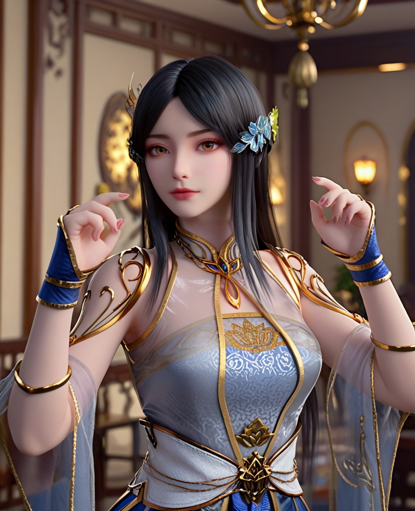 (oriental architecture, elegant decor, sophisticated style:1.1),(Leaping forward with arms stretched out,:1.1),looking at viewer,(breasts:1.2),<lora:XL斗破苍穹柳菲透纱新衣:0.95>,miss liufei,dress,long hair,black hair,chinese clothes,see-through,brown eyes,hair flower,parted bangs,makeup,, score_9,score_8_up,score_7_up,score_6_up,score_5_up,score_4_up,3d rendering,tag1,tag2, Cinematic Lighting,backlighting,