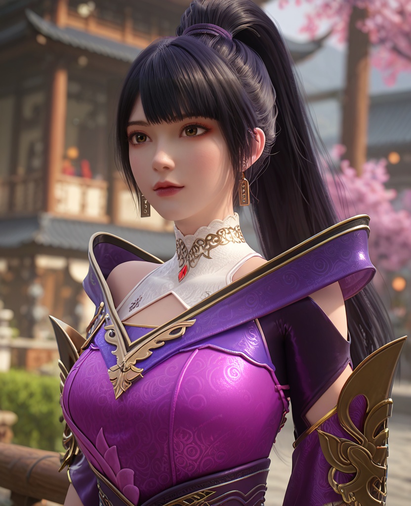 (oriental architecture, elegant decor, sophisticated style:1.1),(arms behind her back:1.1),(breasts:1.2),<lora:XL百炼成神莫雨馨:0.95>,miss moyuxin,black hair,jewelry,mole,ponytail,earrings,armor,long hair,purple armor,bangs,large breasts,, zPDXL2, score_9, score_8_up, score_7_up BREAK realistic, masterpiece,best quality, highly detailed,, zPDXL3, zPDXL2,zPDXL, zPDXLxxx, zPDXLrl,