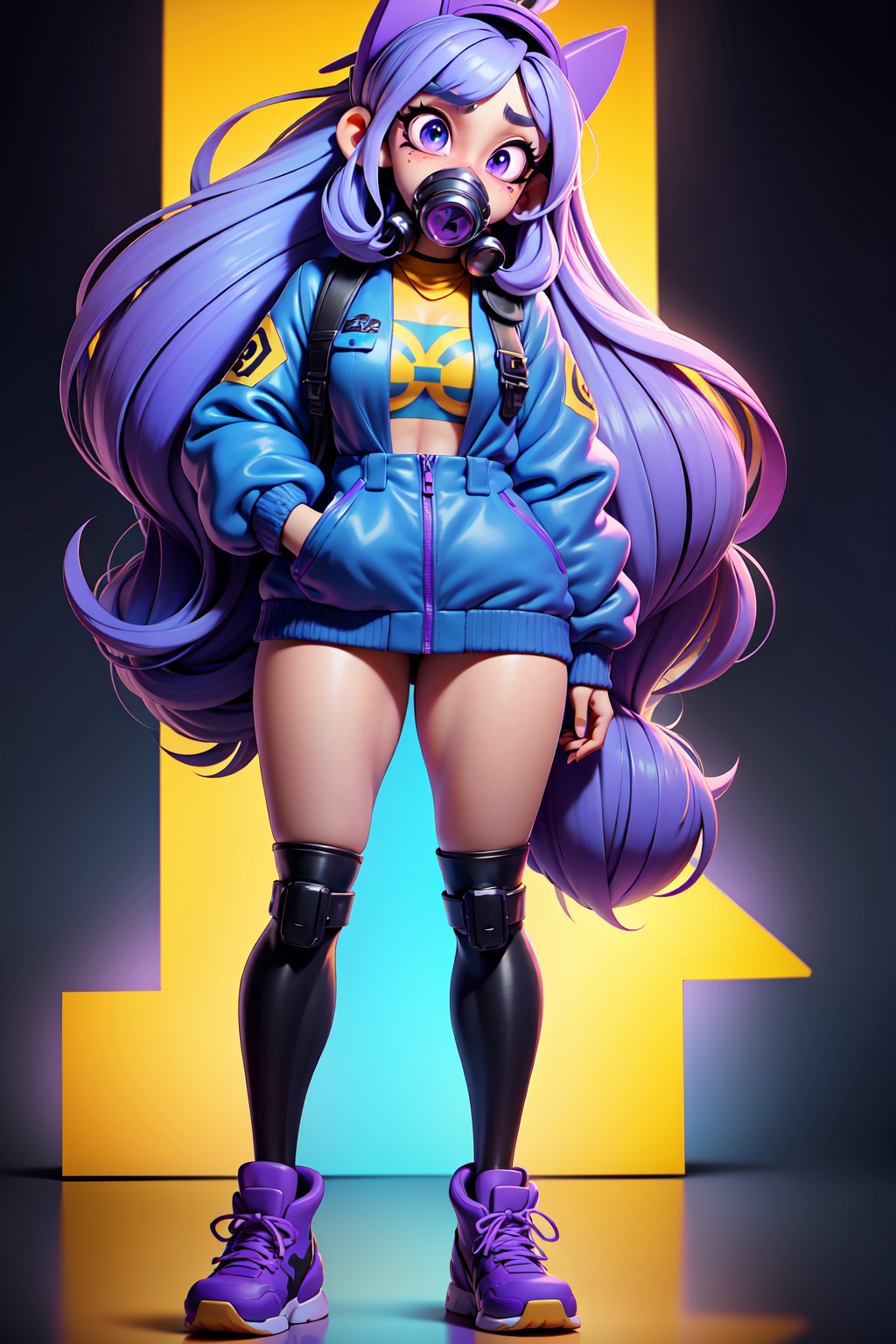 a 3D animated character with a vibrant purple hue. The character has long, wavy blue hair, large expressive eyes, and is wearing a blue jacket with a yellow graffiti design. The character also sports a yellow cap with the word 'BIG' written on it and a gas mask covering the lower half of their face, masterpiece,best quality,
