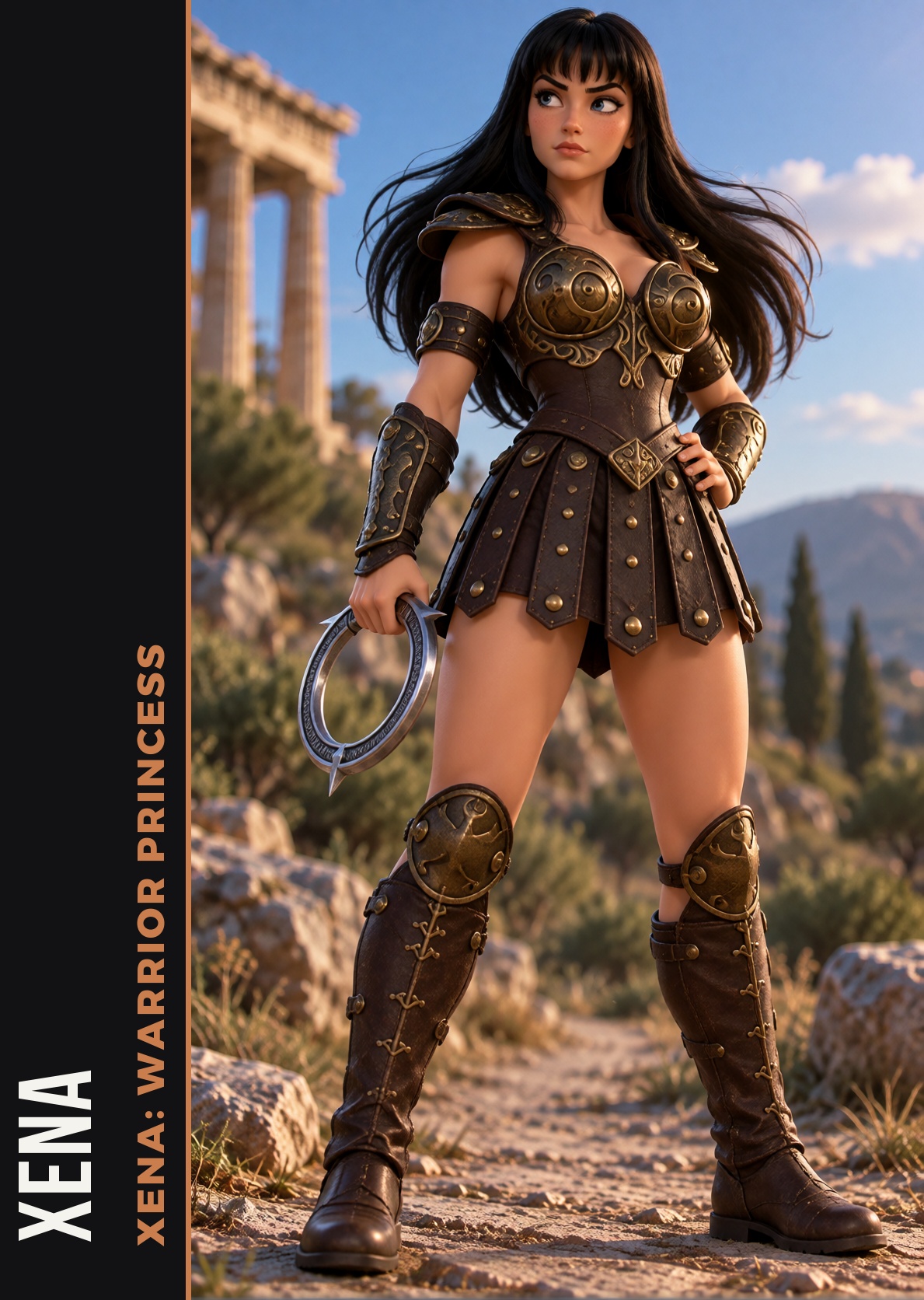 realfig,  Xena Warrior Princess in leather armour with her chakram,  full body on Tensor.Art