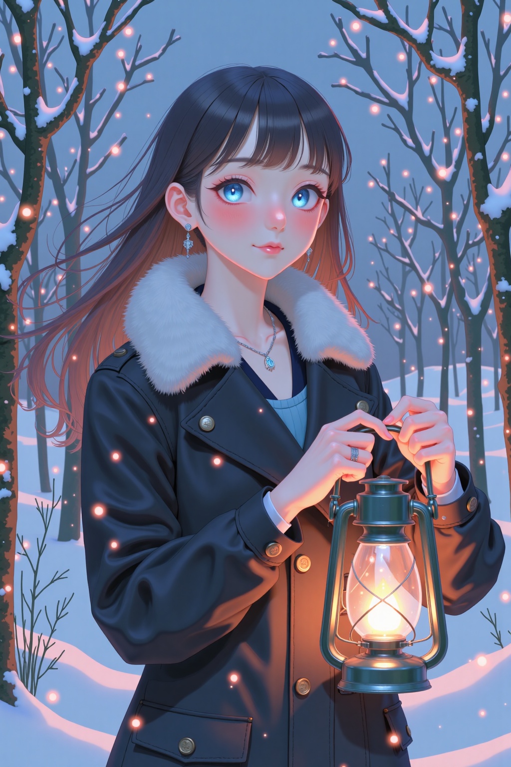 beijihui,An animated portrait of a woman with long brown hair and blue eyes. She is wearing a black jacket with a fur collar. She has a silver necklace around her neck and a silver ring on her left hand. The woman is holding a lantern lantern in her right hand. There is snow on the ground behind her. There are trees on the right and left side of the image. The sky above her is blue.